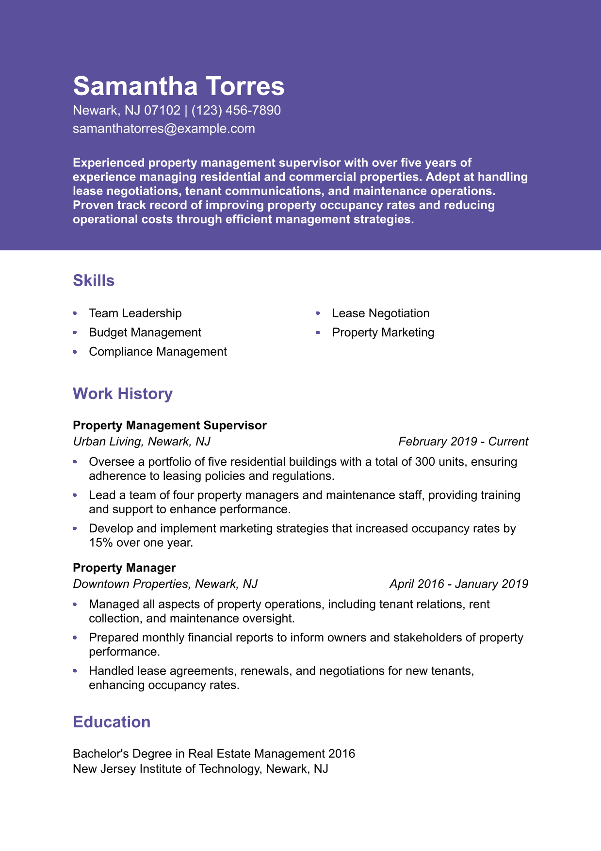 Property Management Supervisor Resume Example