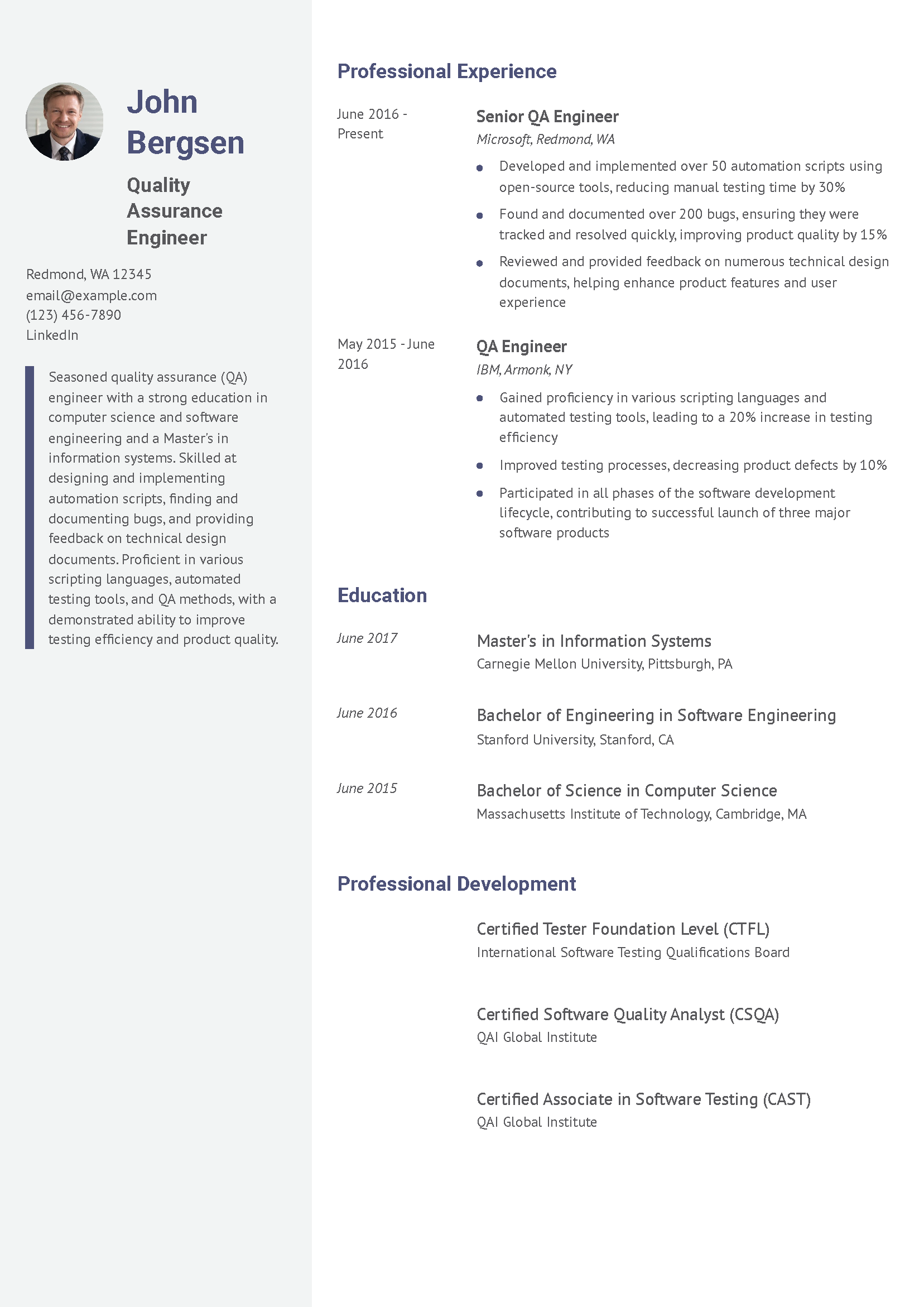 Quality Assurance Engineer Resume Example