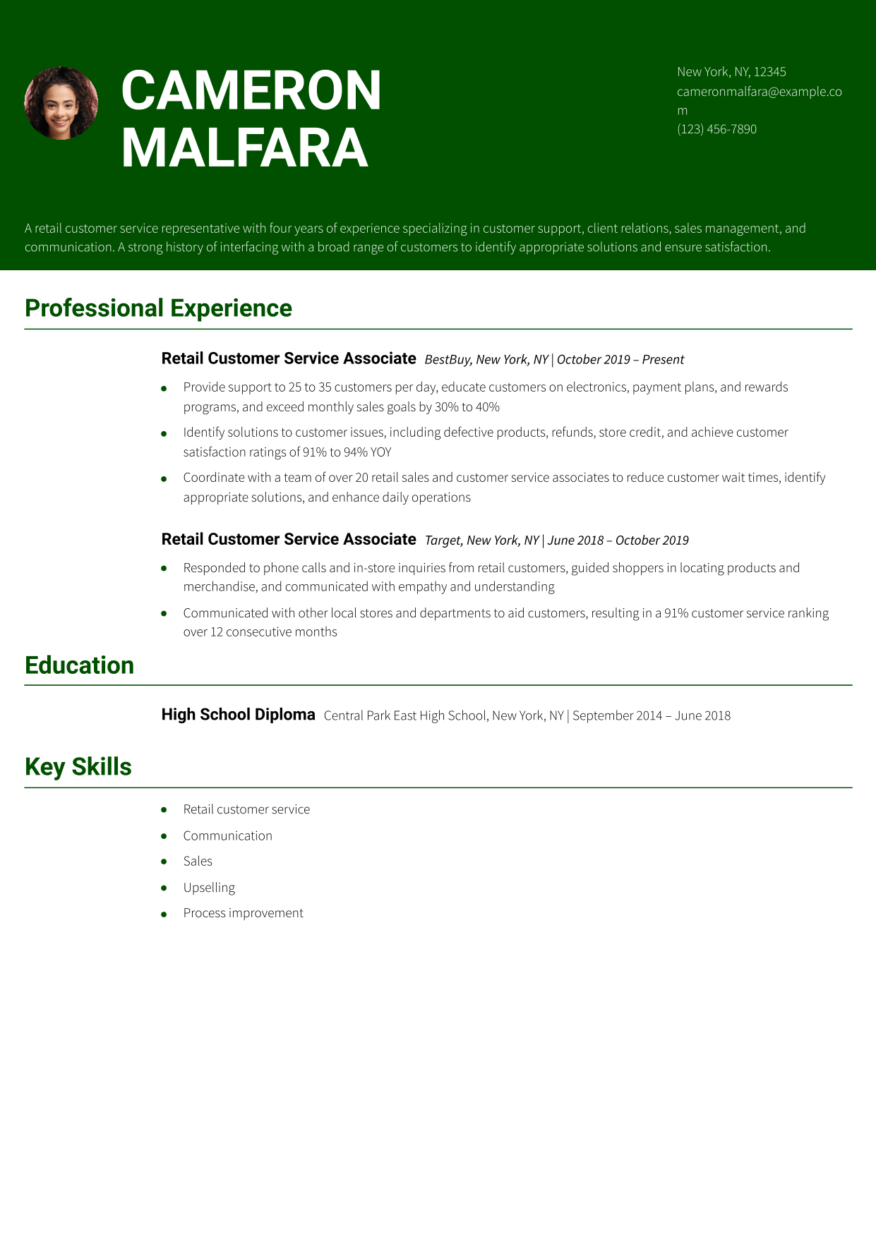 Retail Customer Service Representative Resume Example