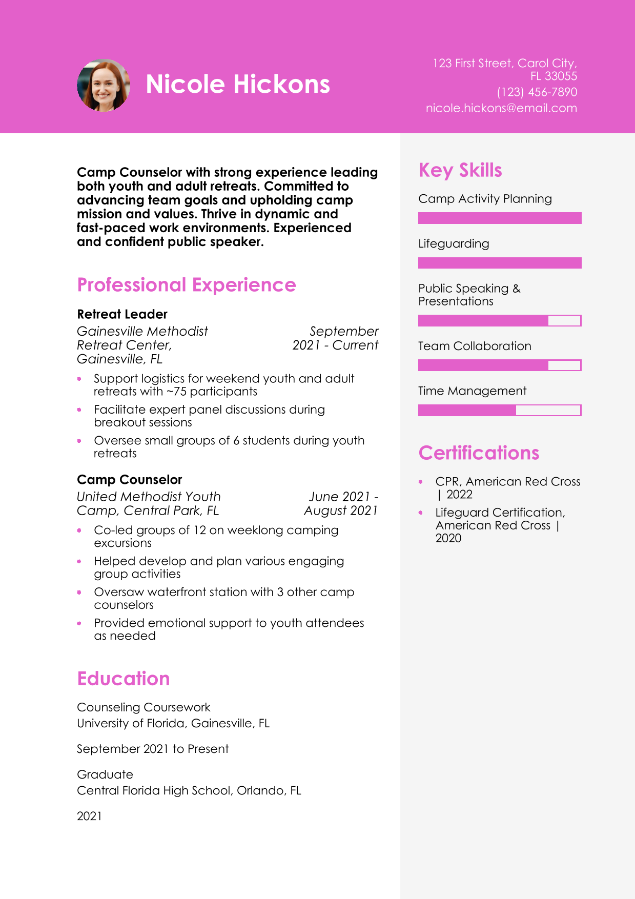 Camp Counselor Resume Example