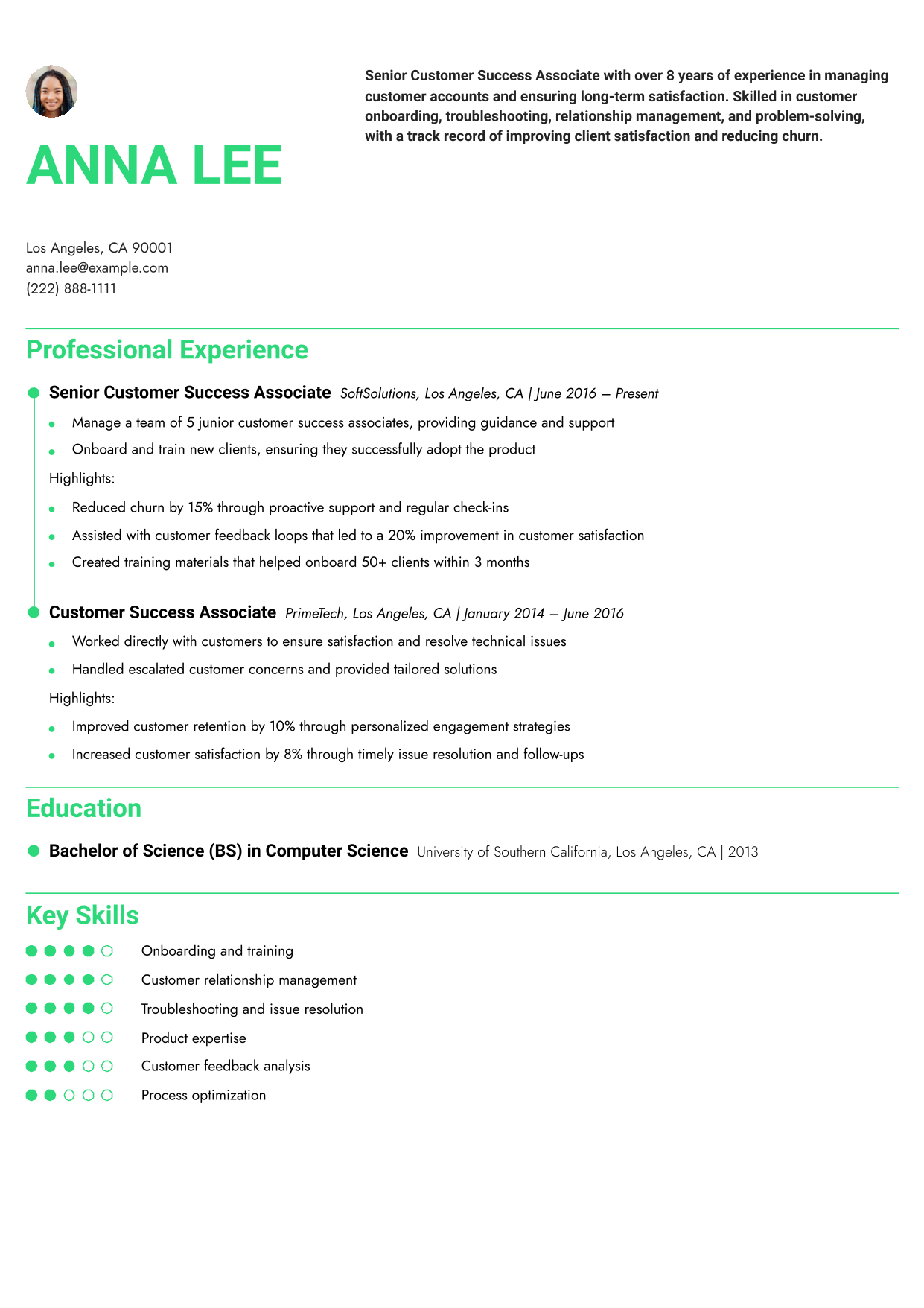 Senior Customer Success Associate Resume Example