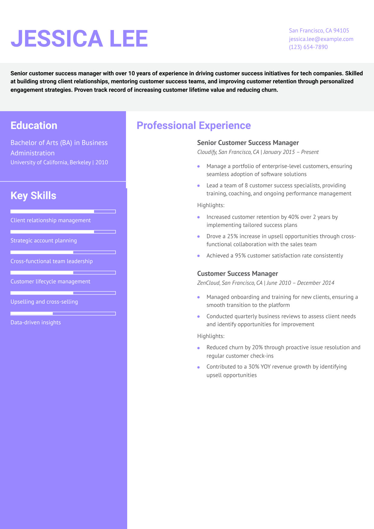 Senior Customer Success Manager Resume Example
