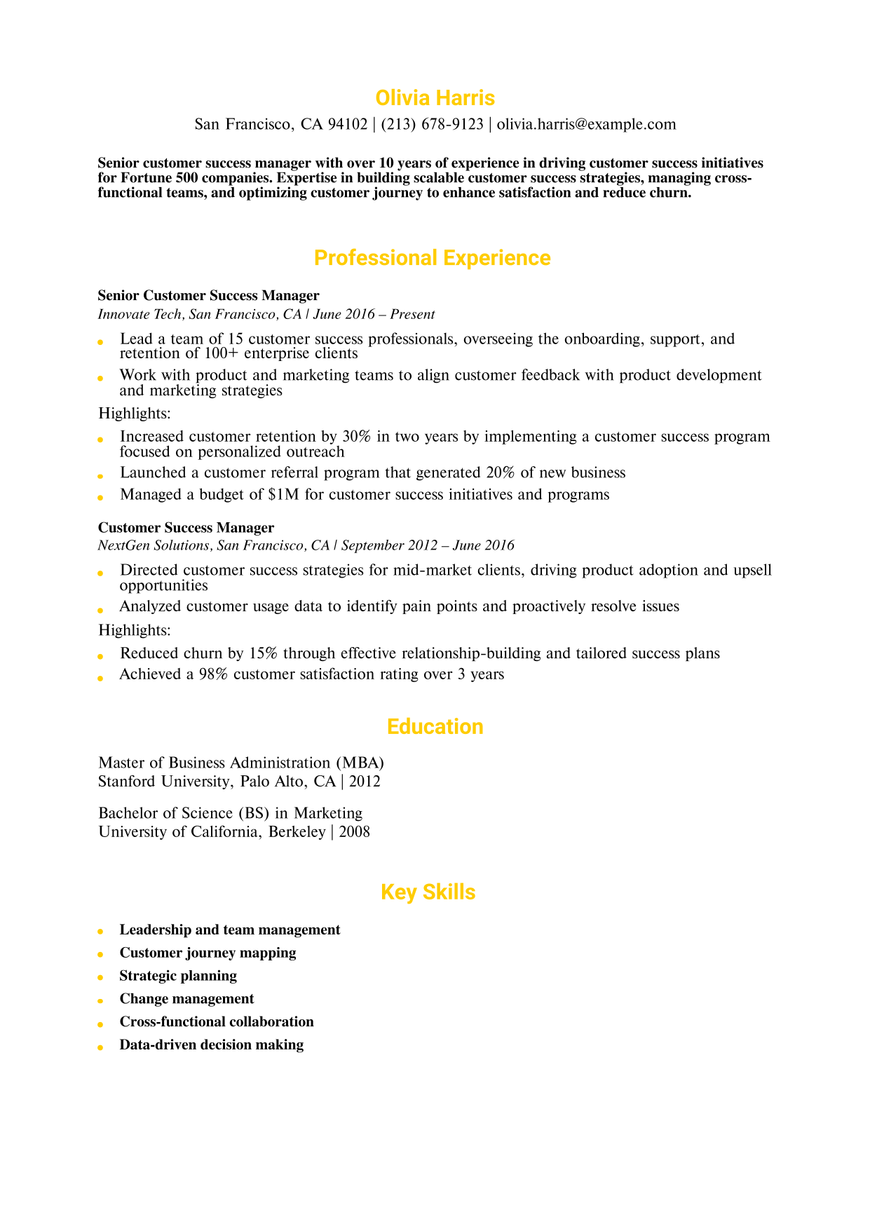 Senior Customer Success Manager Resume Example