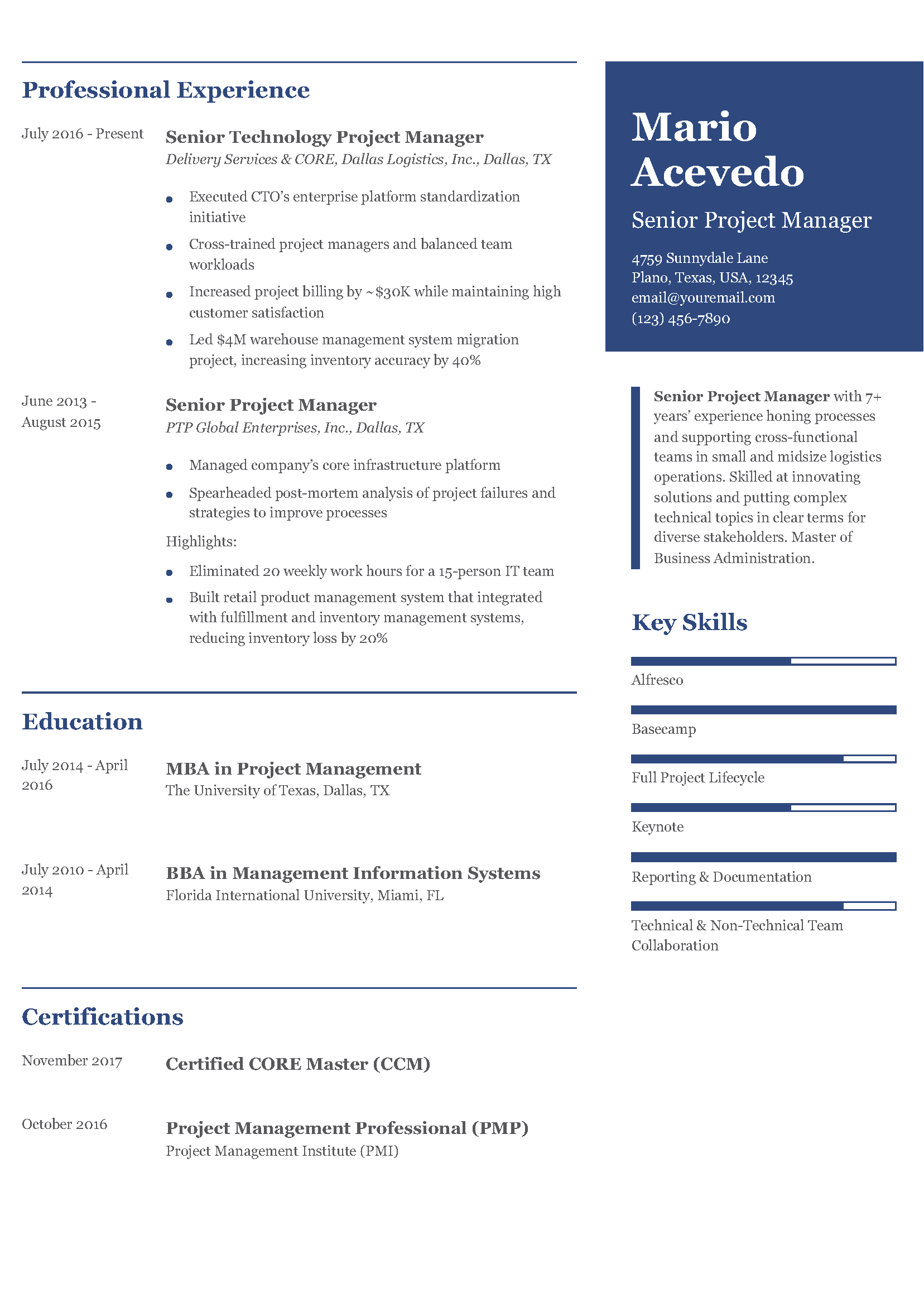 Senior Project Manager Resume Example