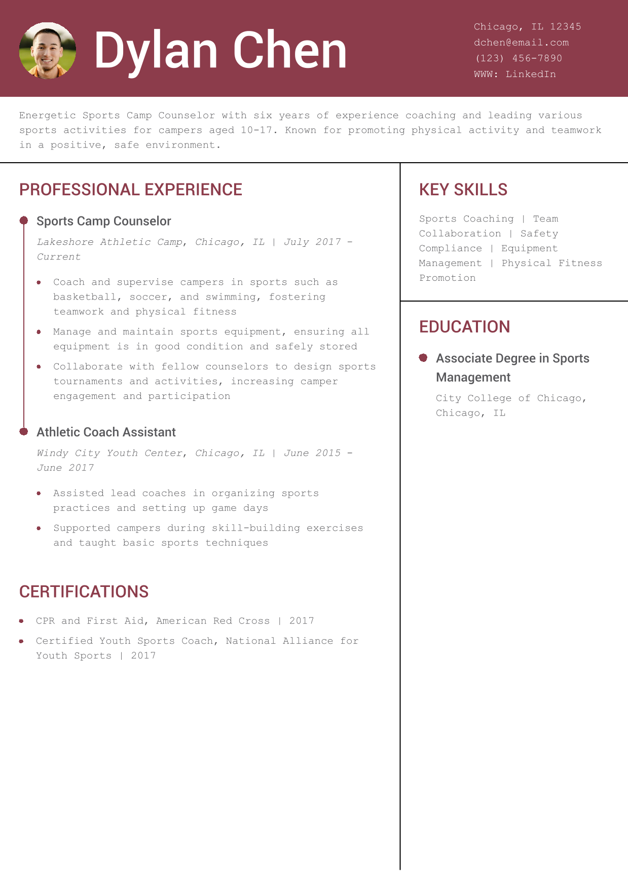 Sports Camp Counselor Resume Example