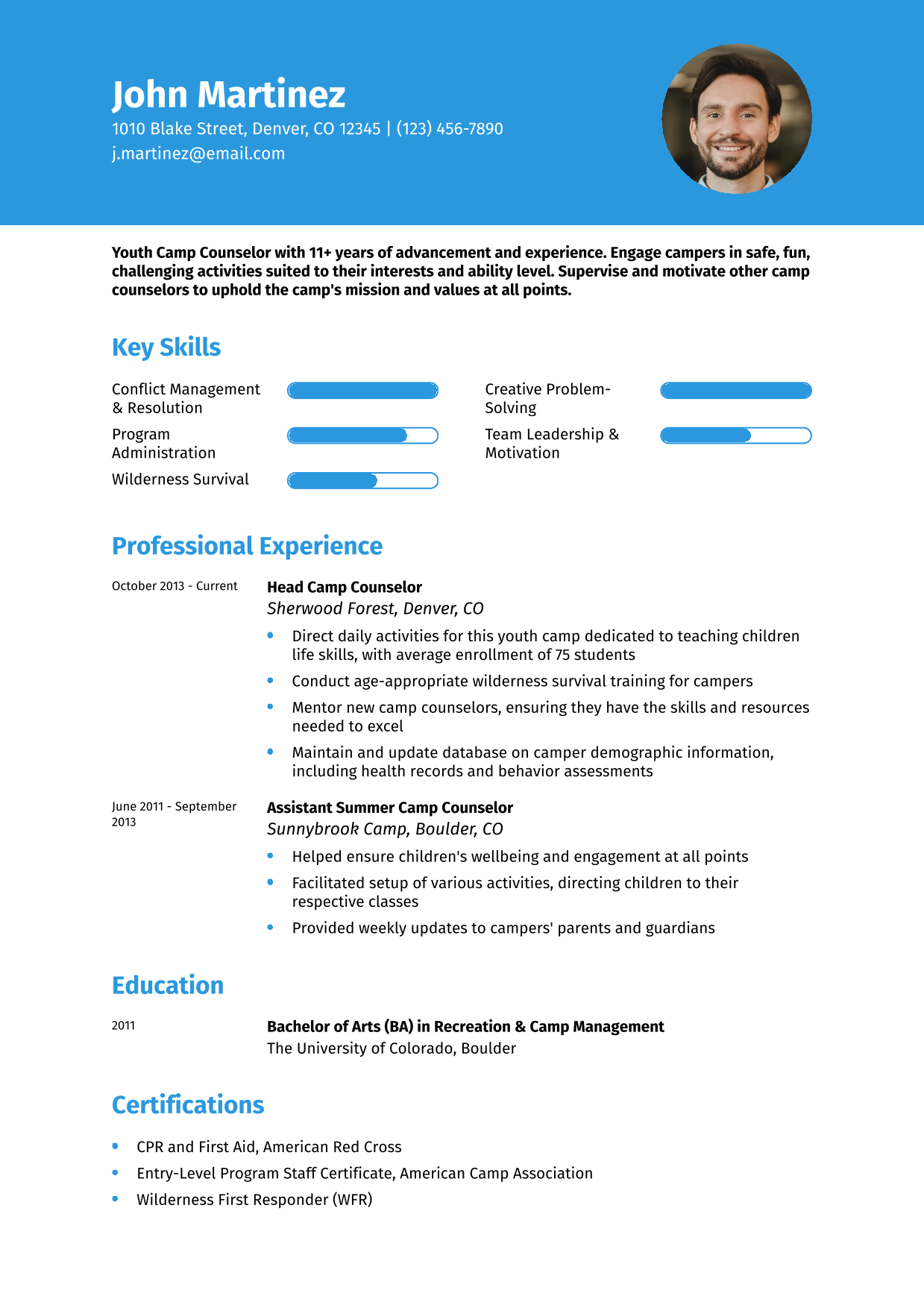 Youth Camp Counselor Resume Example