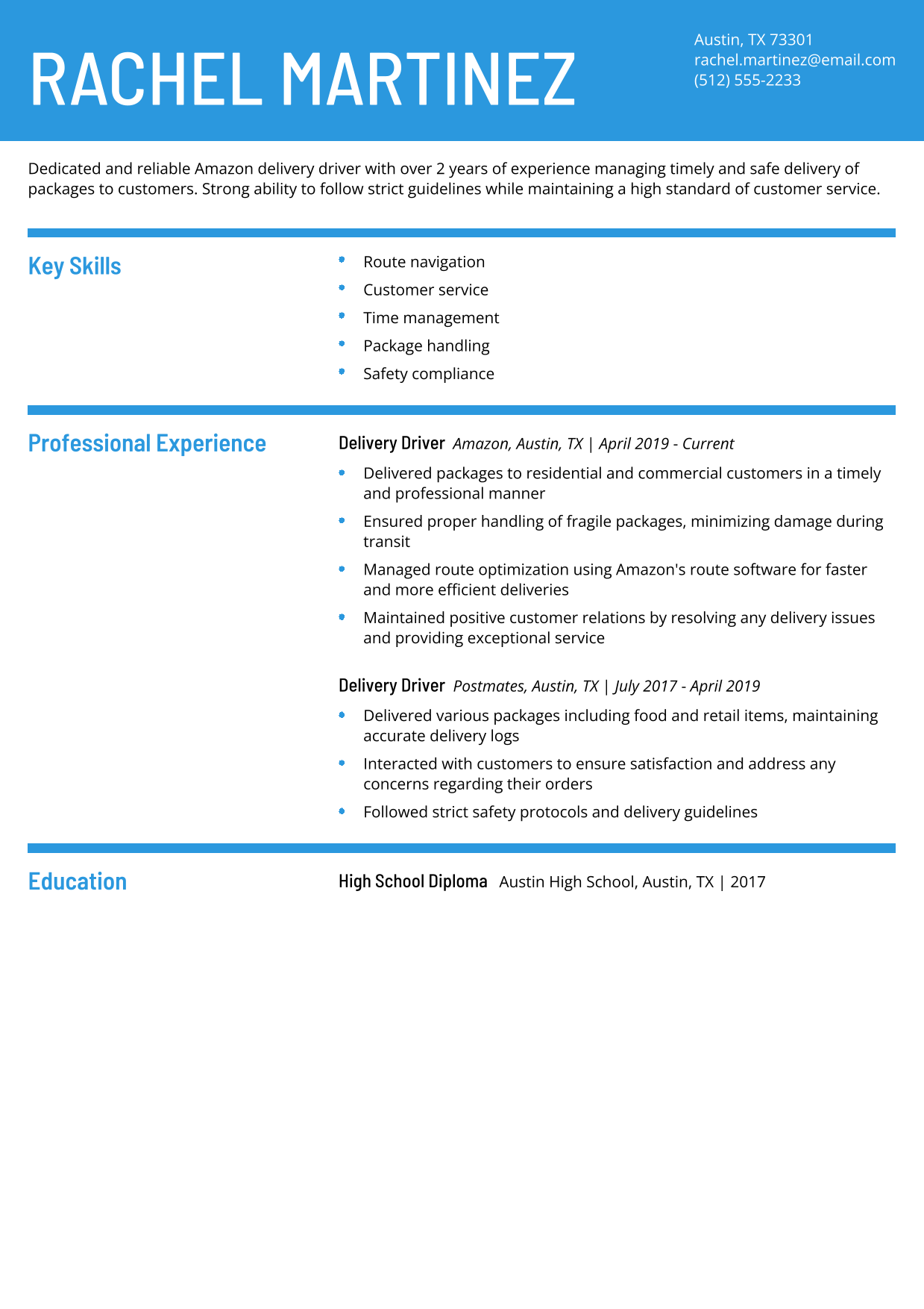 Amazon Delivery Driver Resume Example