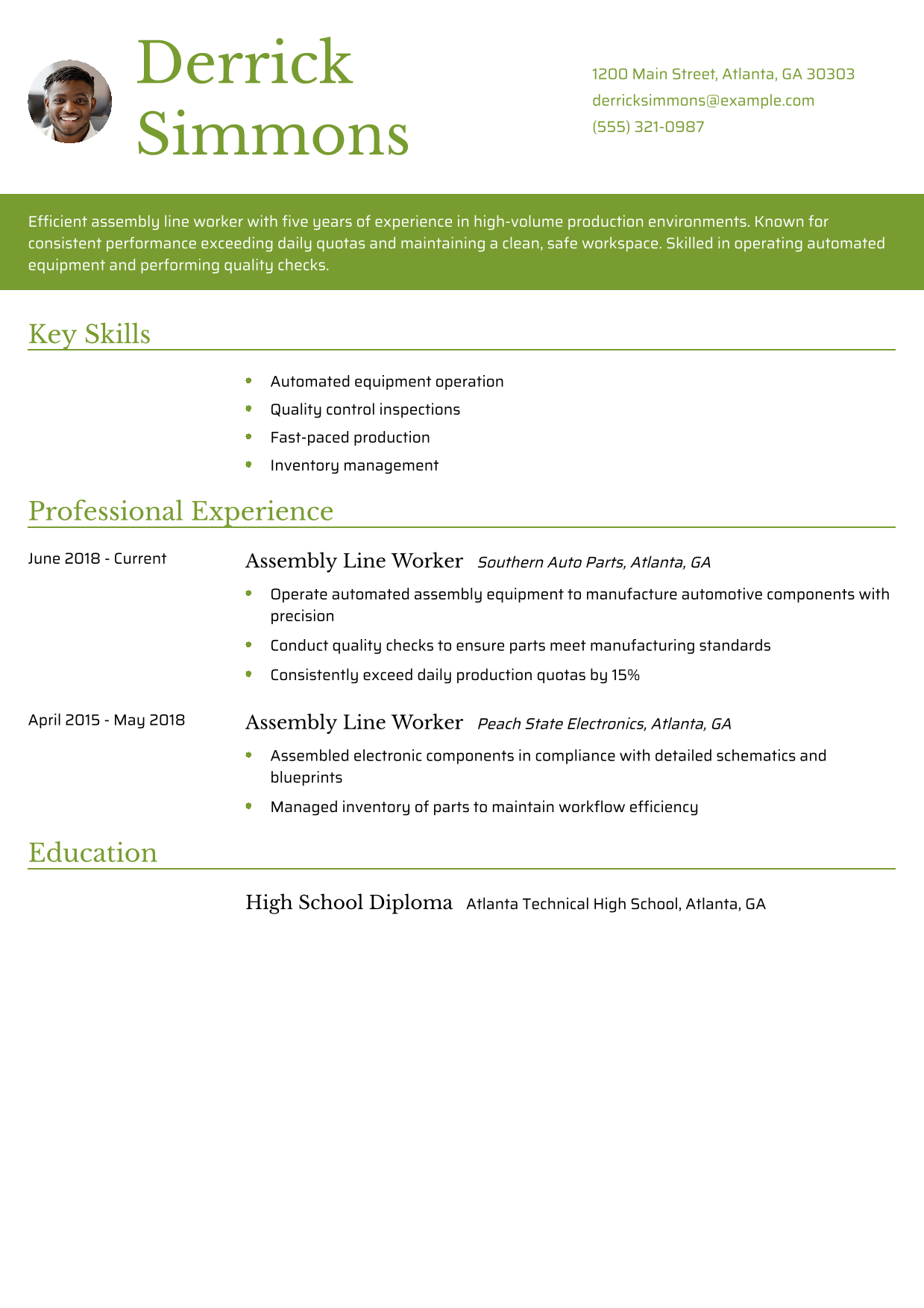 Assembly Line Worker Resume Example