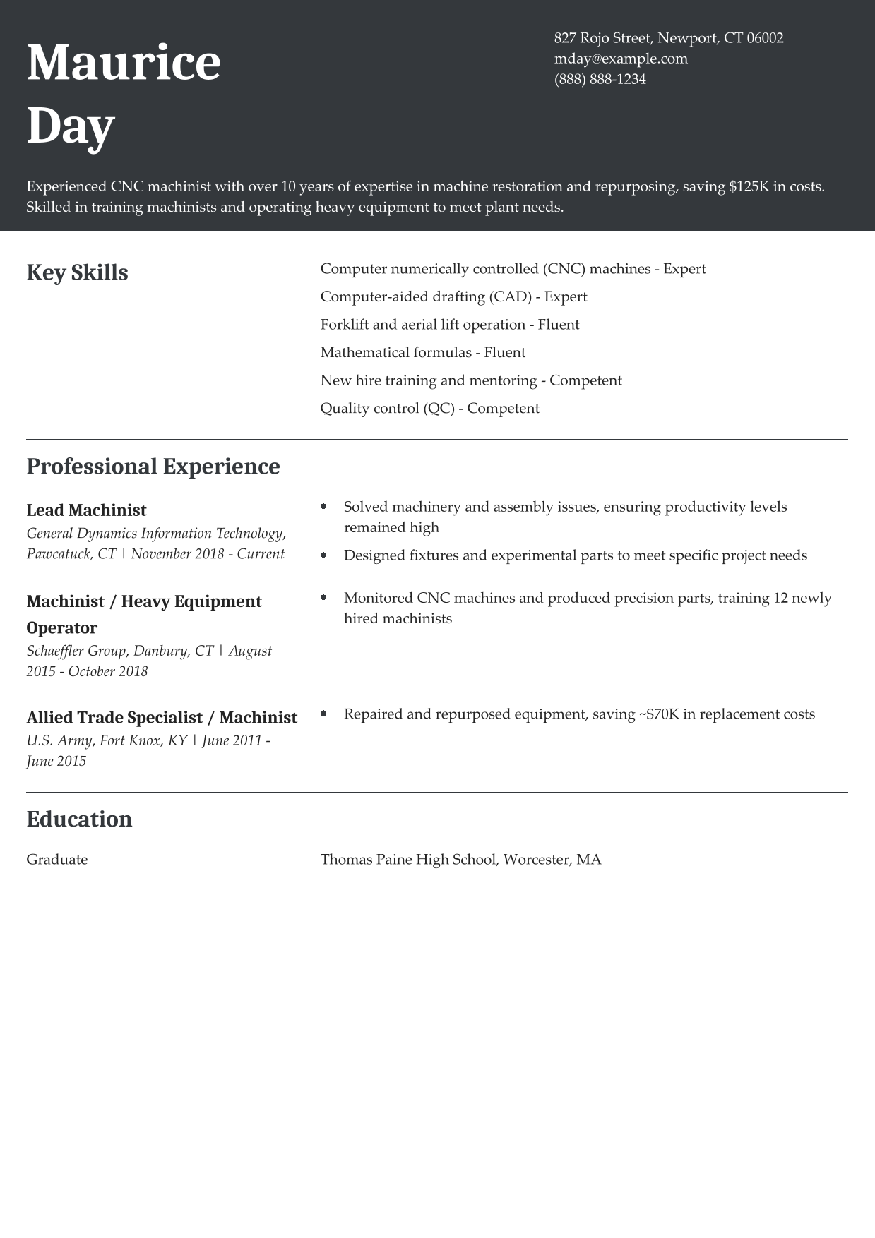 CNC Machinist Resume Example