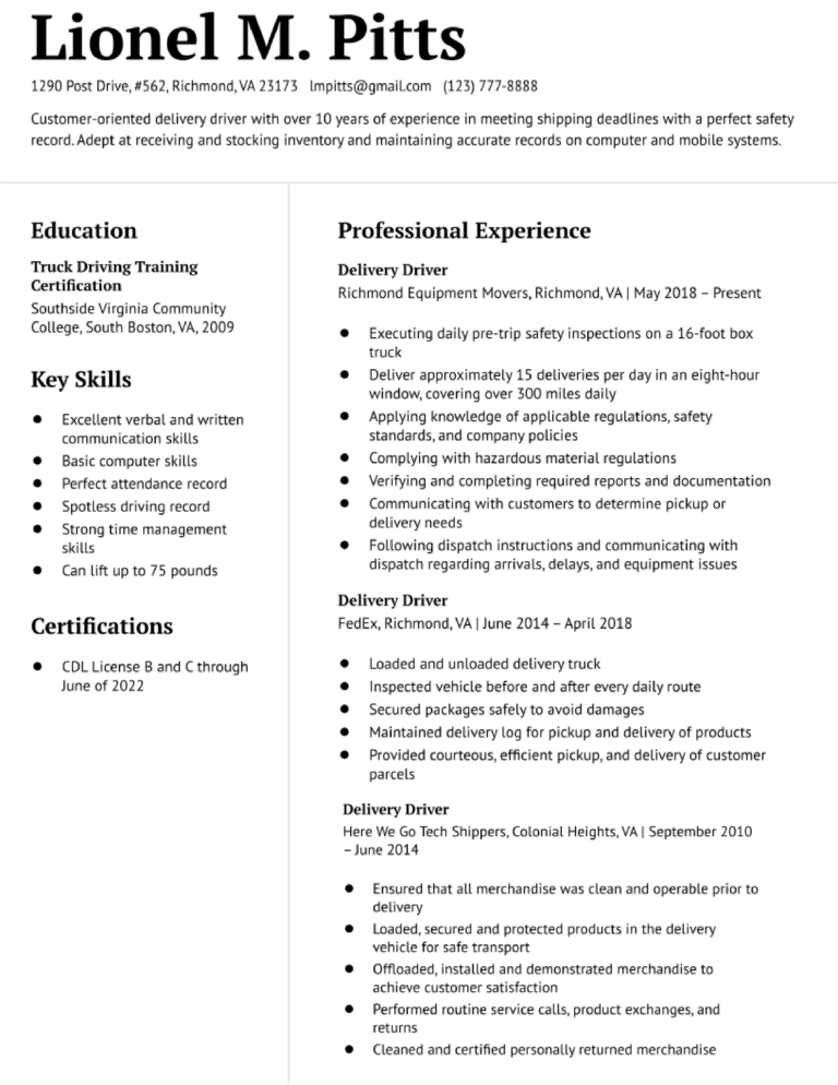 Free Resume Examples and Sample - Delivery Driver Resume Examples And Templates For 2023 768x994