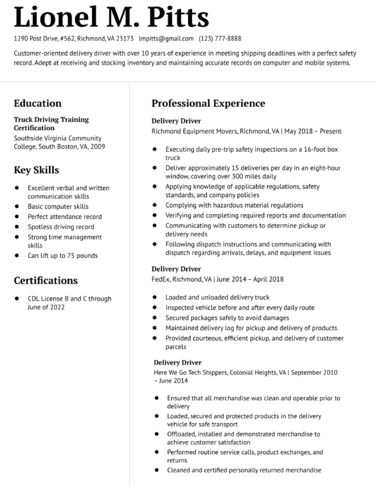 Delivery Driver Resume Example