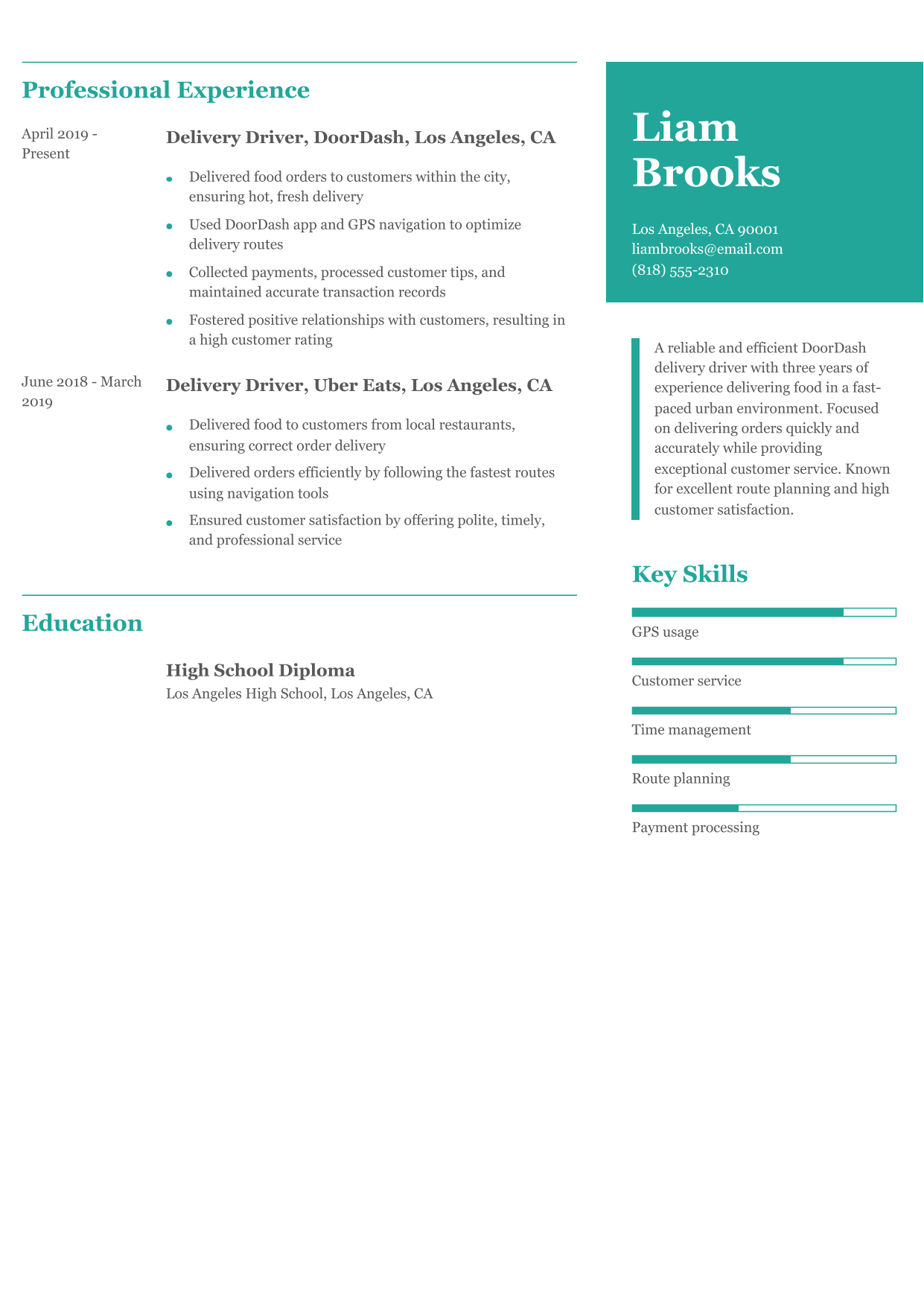 DoorDash Delivery Driver Resume Example