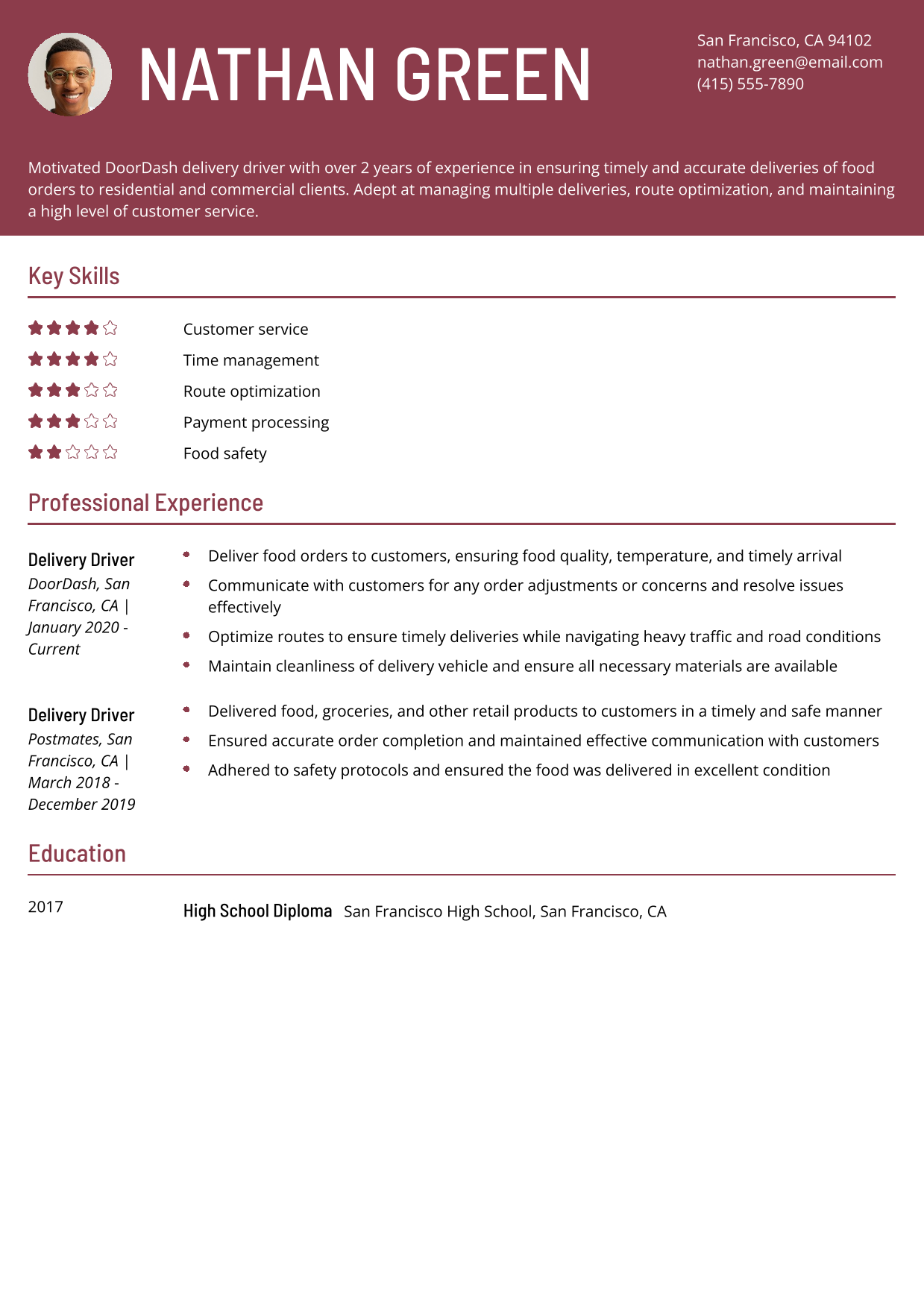 DoorDash Delivery Driver Resume Example