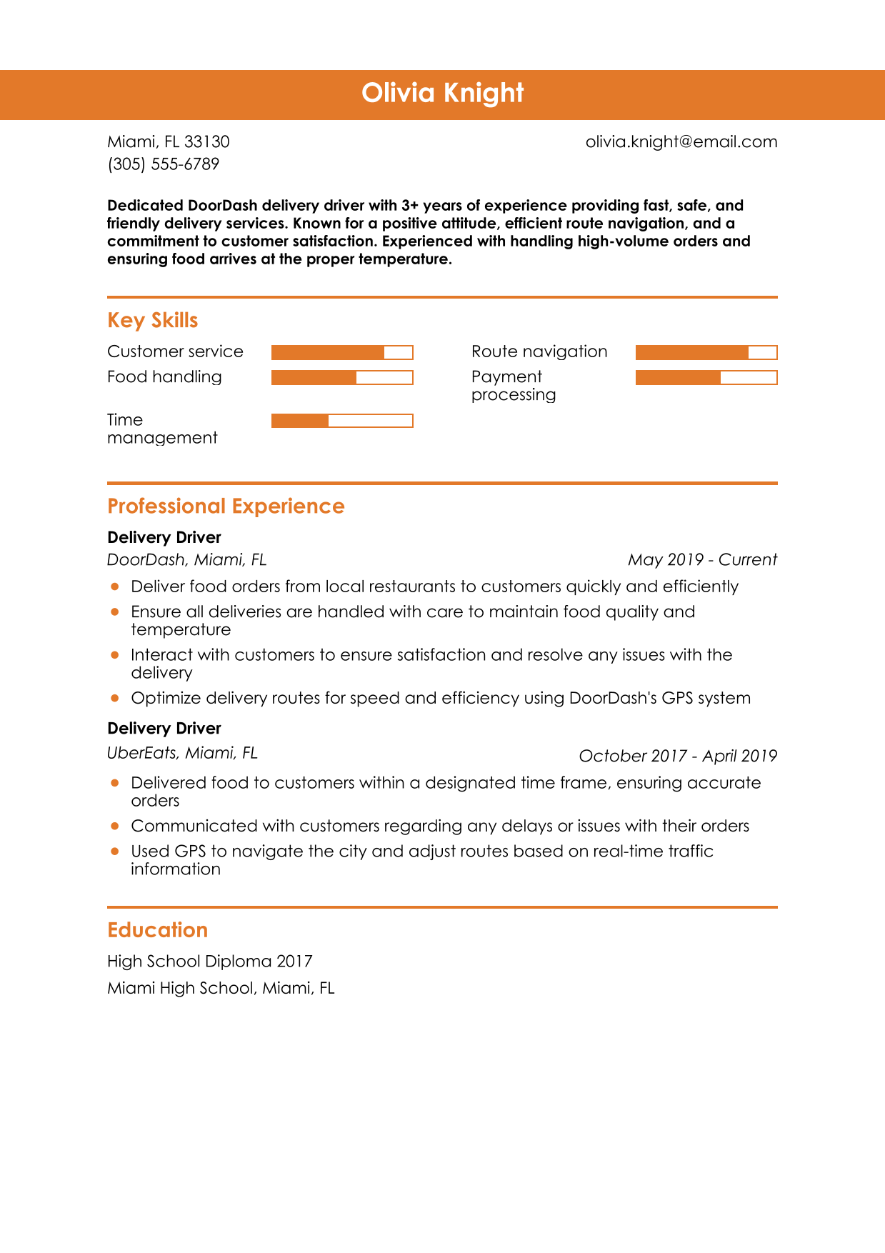 DoorDash Driver Resume Example
