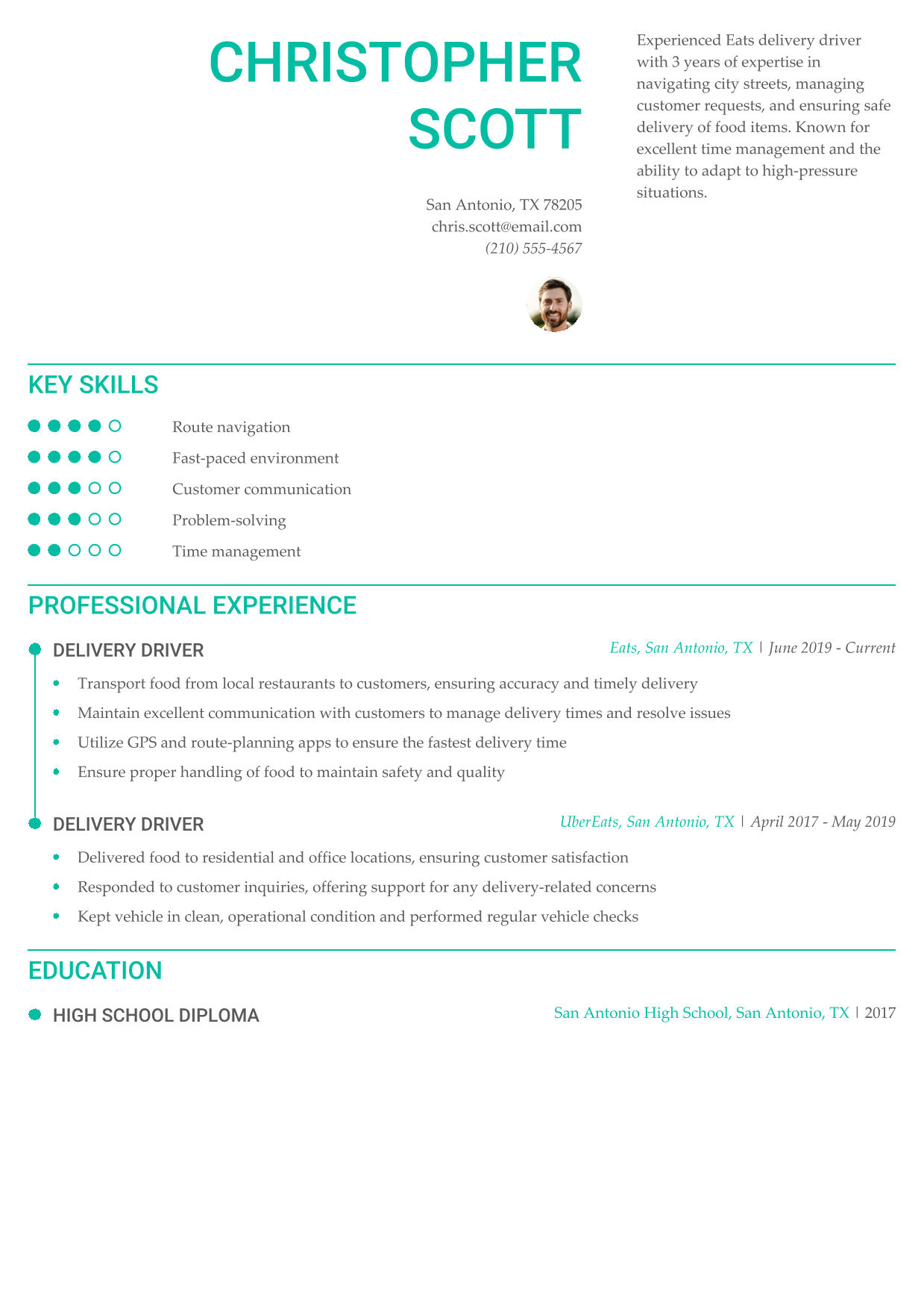 Eats Delivery Driver Resume Example