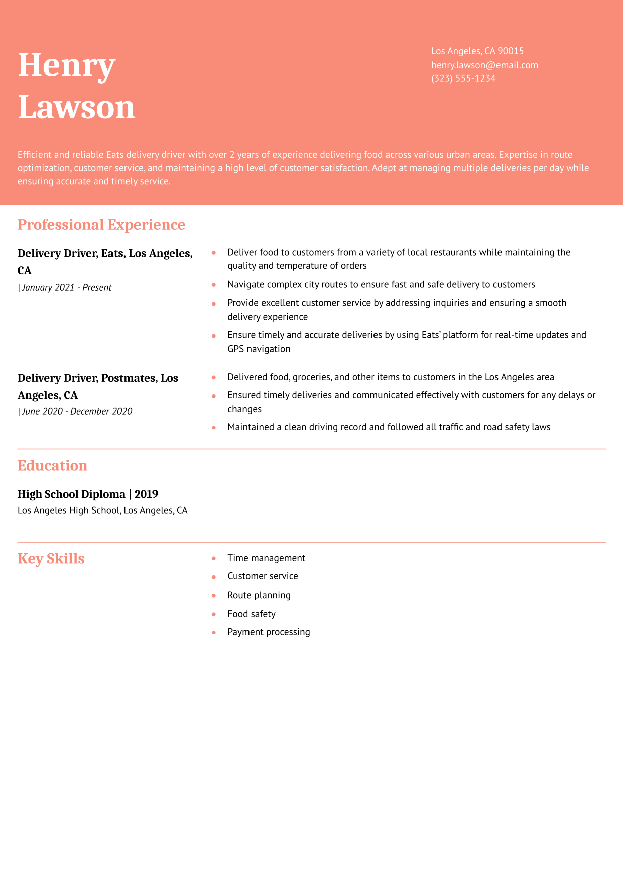 Eats Delivery Driver Resume Example