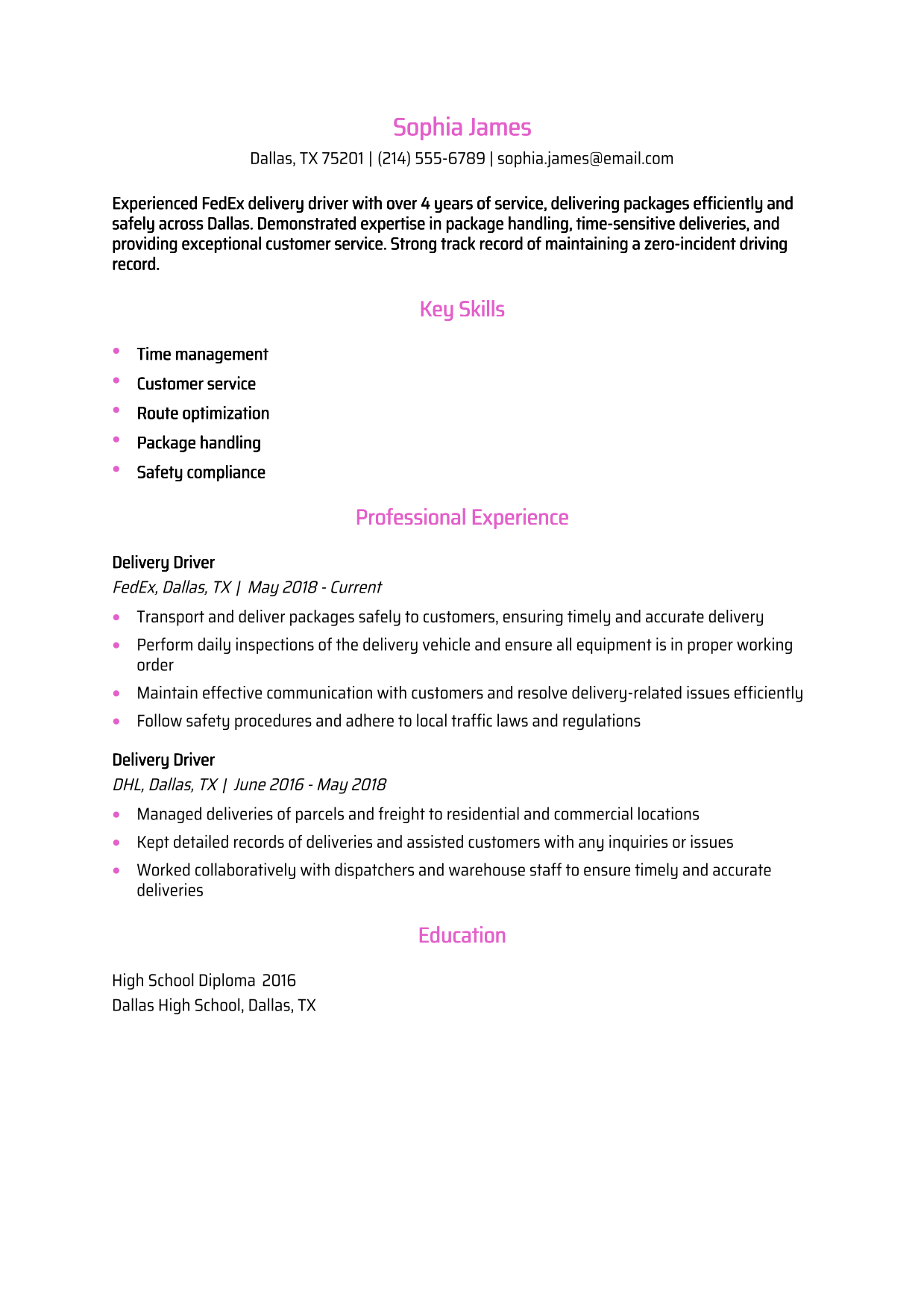 FedEx Delivery Driver Resume Example