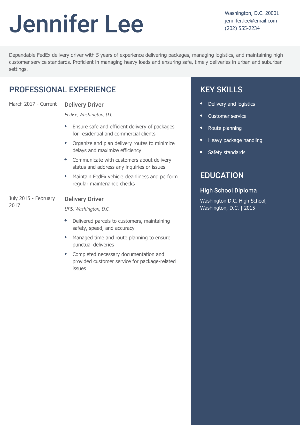 FedEx Delivery Driver Resume Example