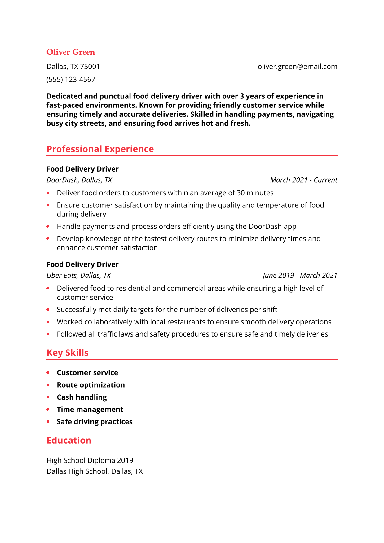 Food Delivery Driver Resume Example