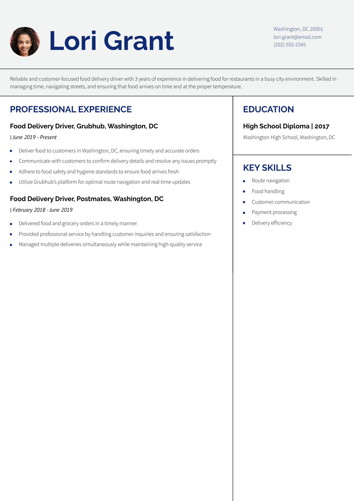 Food Delivery Driver Resume Example