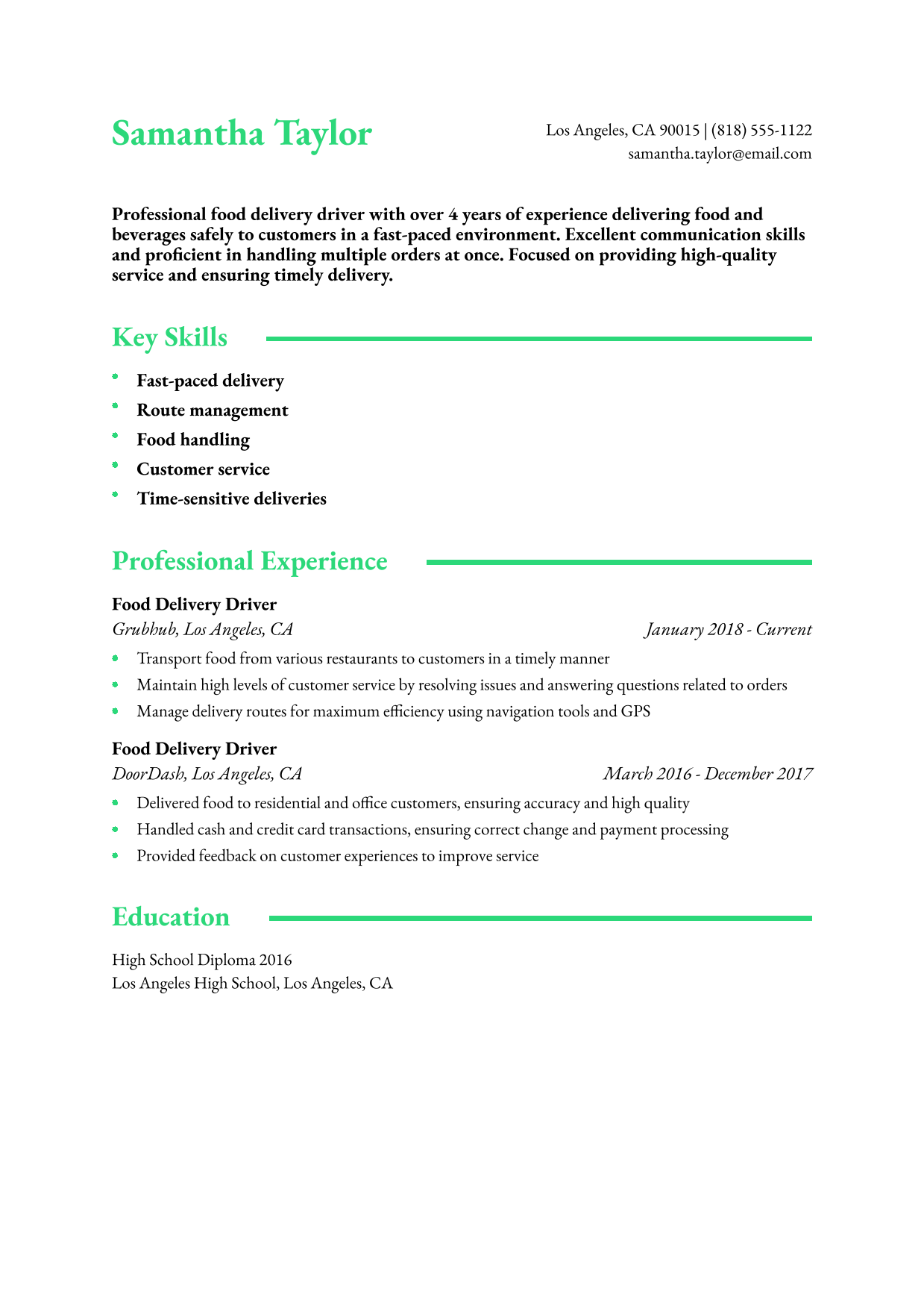 Food Delivery Driver Resume Example