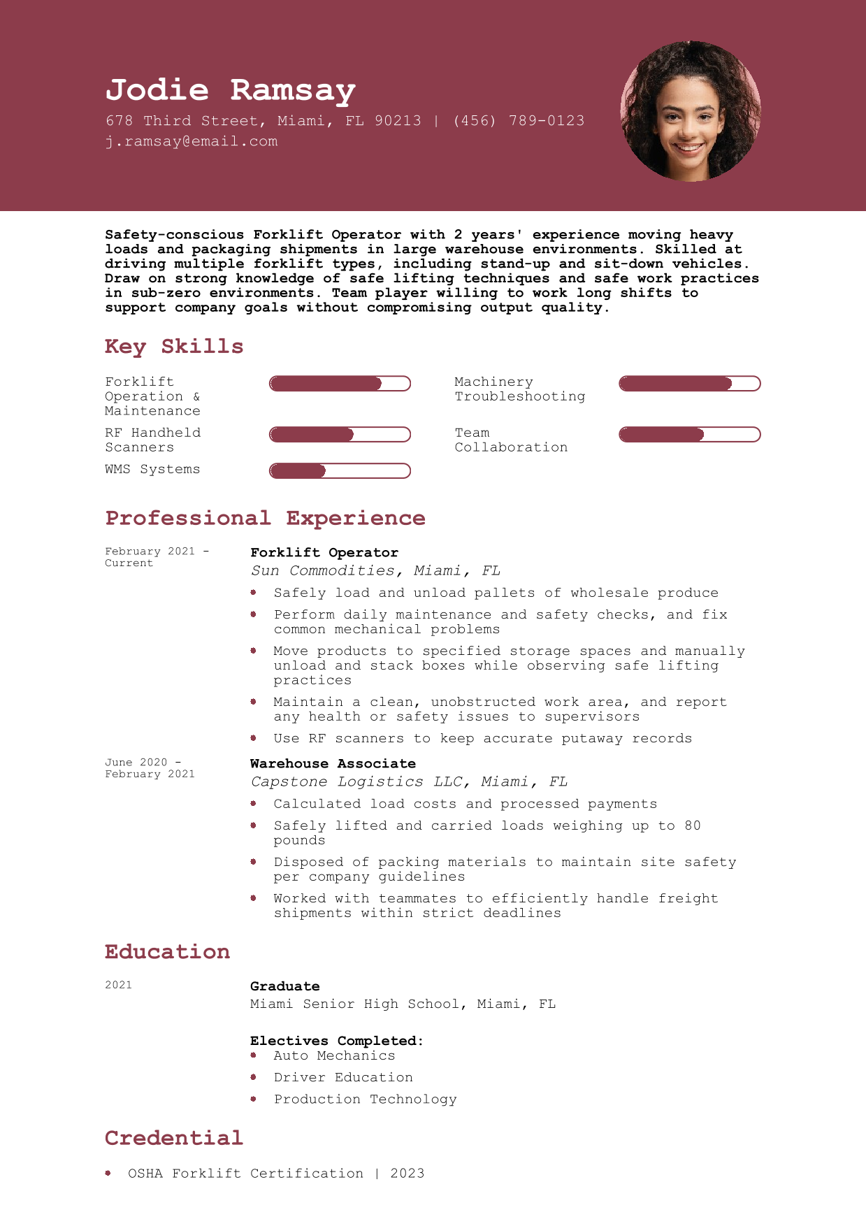 Forklift Operator Resume Example