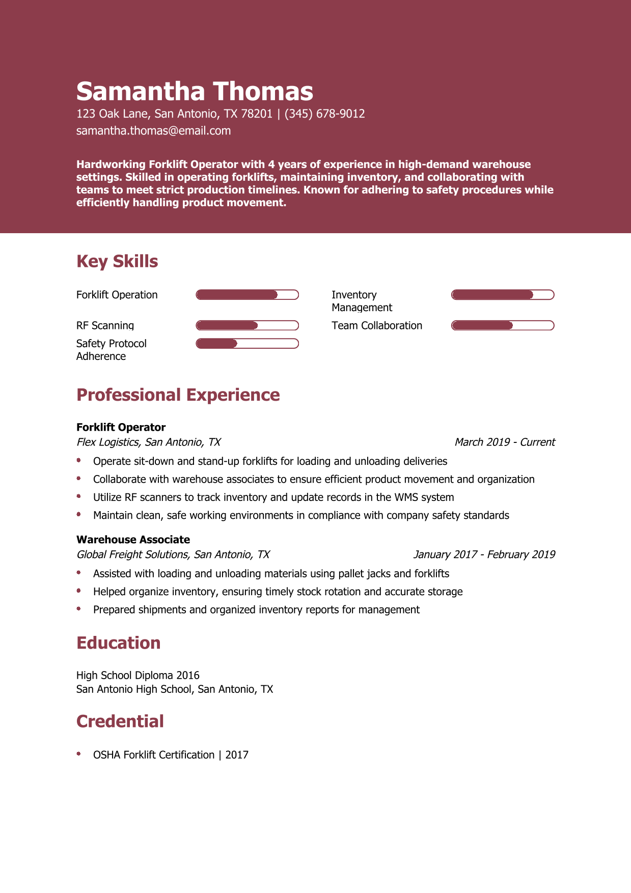 Forklift Operator Resume Example 4