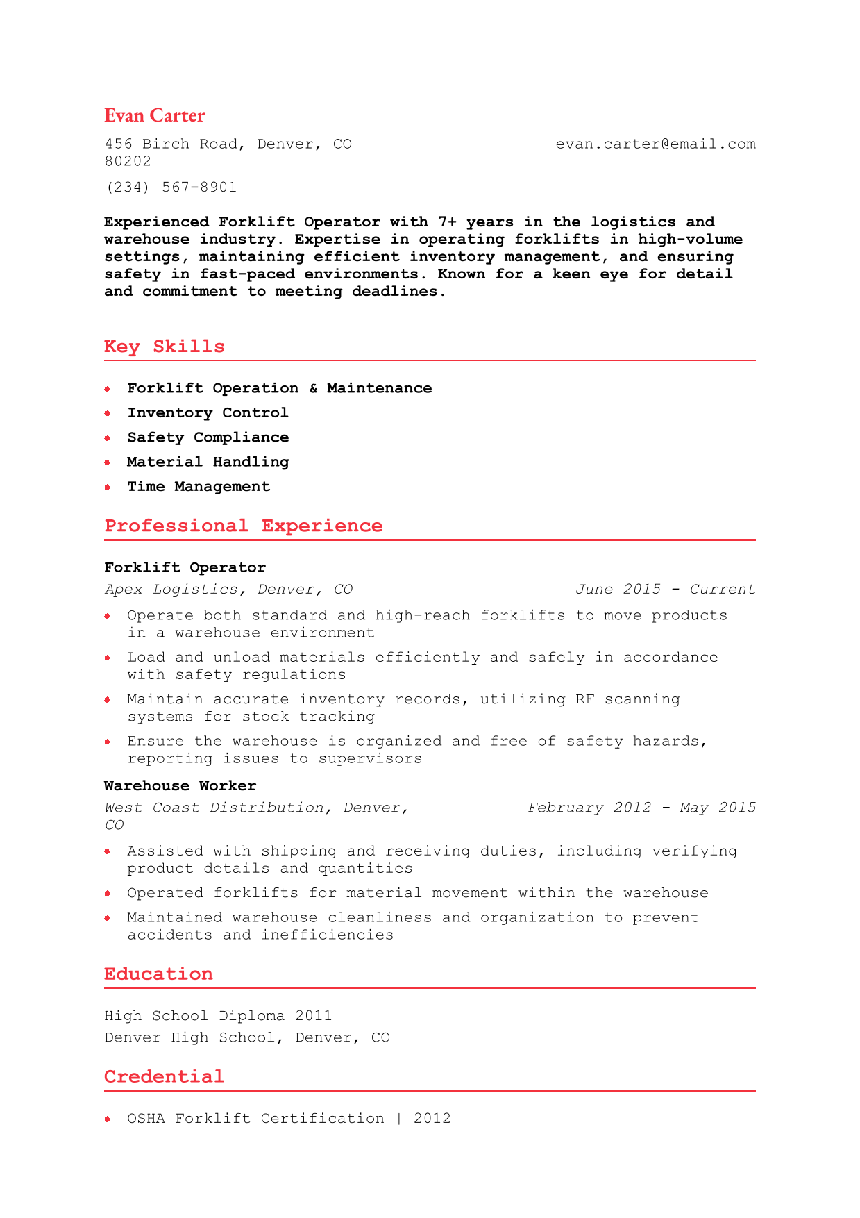 Forklift Operator Resume Example 5