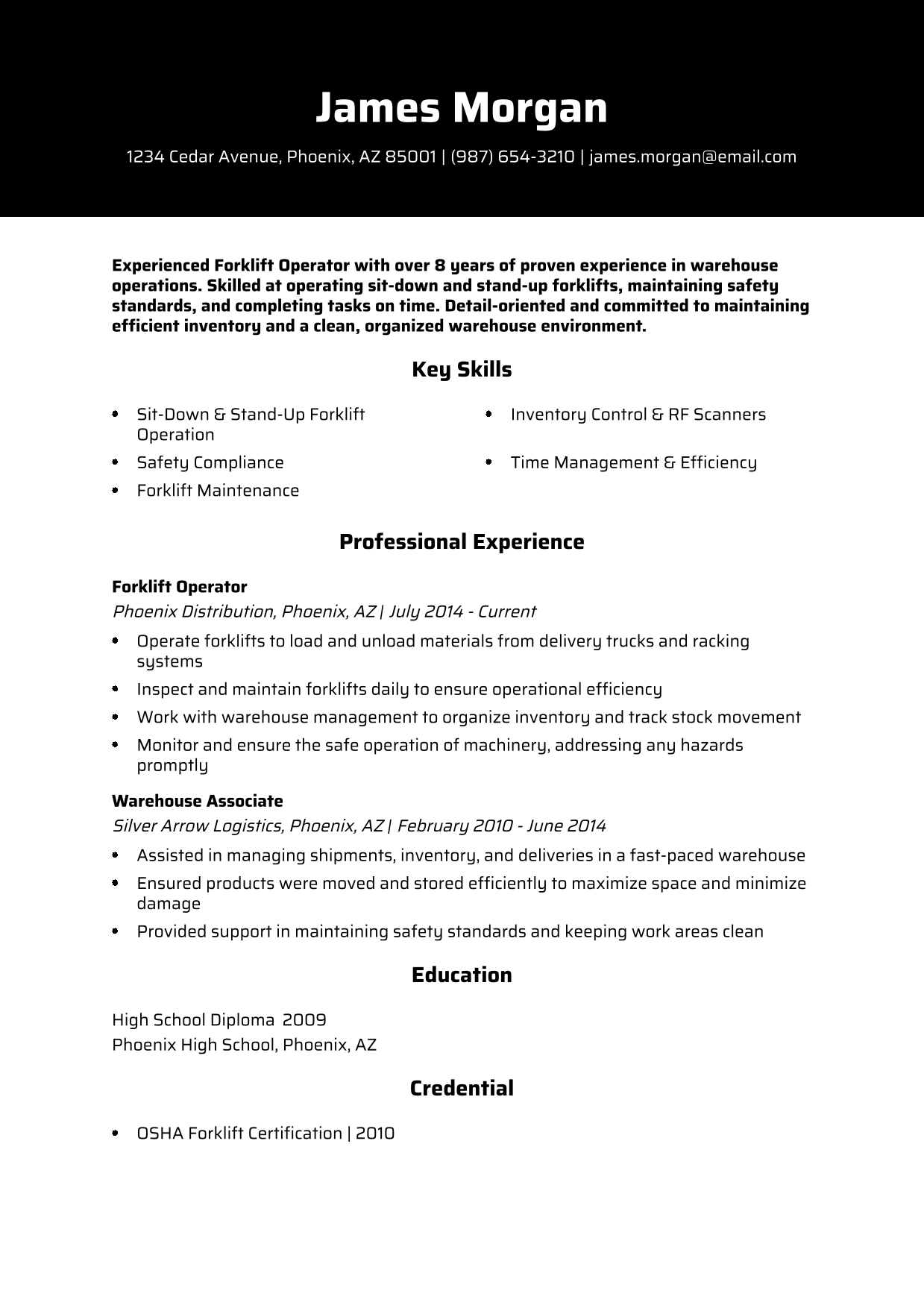 Forklift Operator Resume Example 6