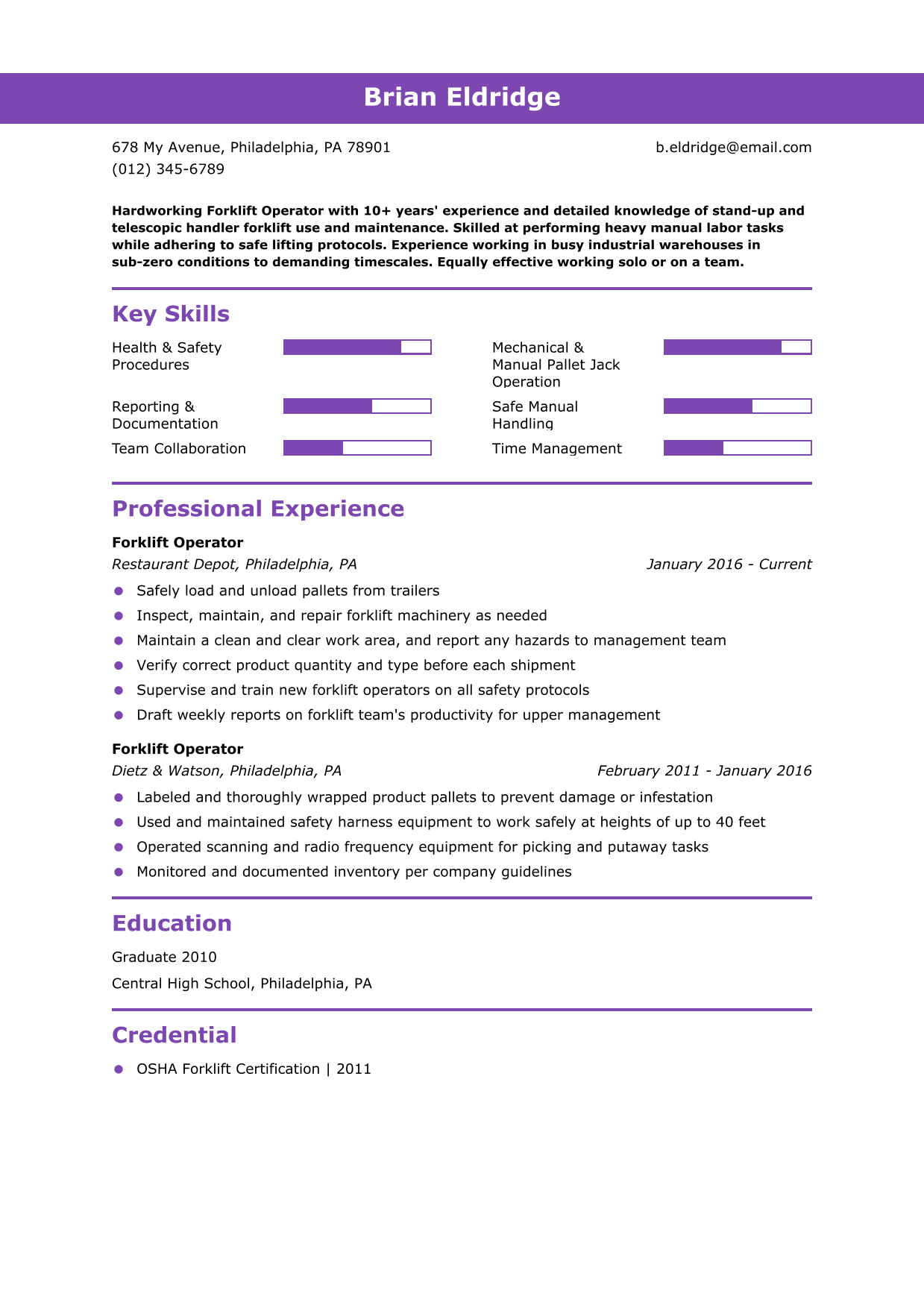 Formal Forklift Operator Resume Example