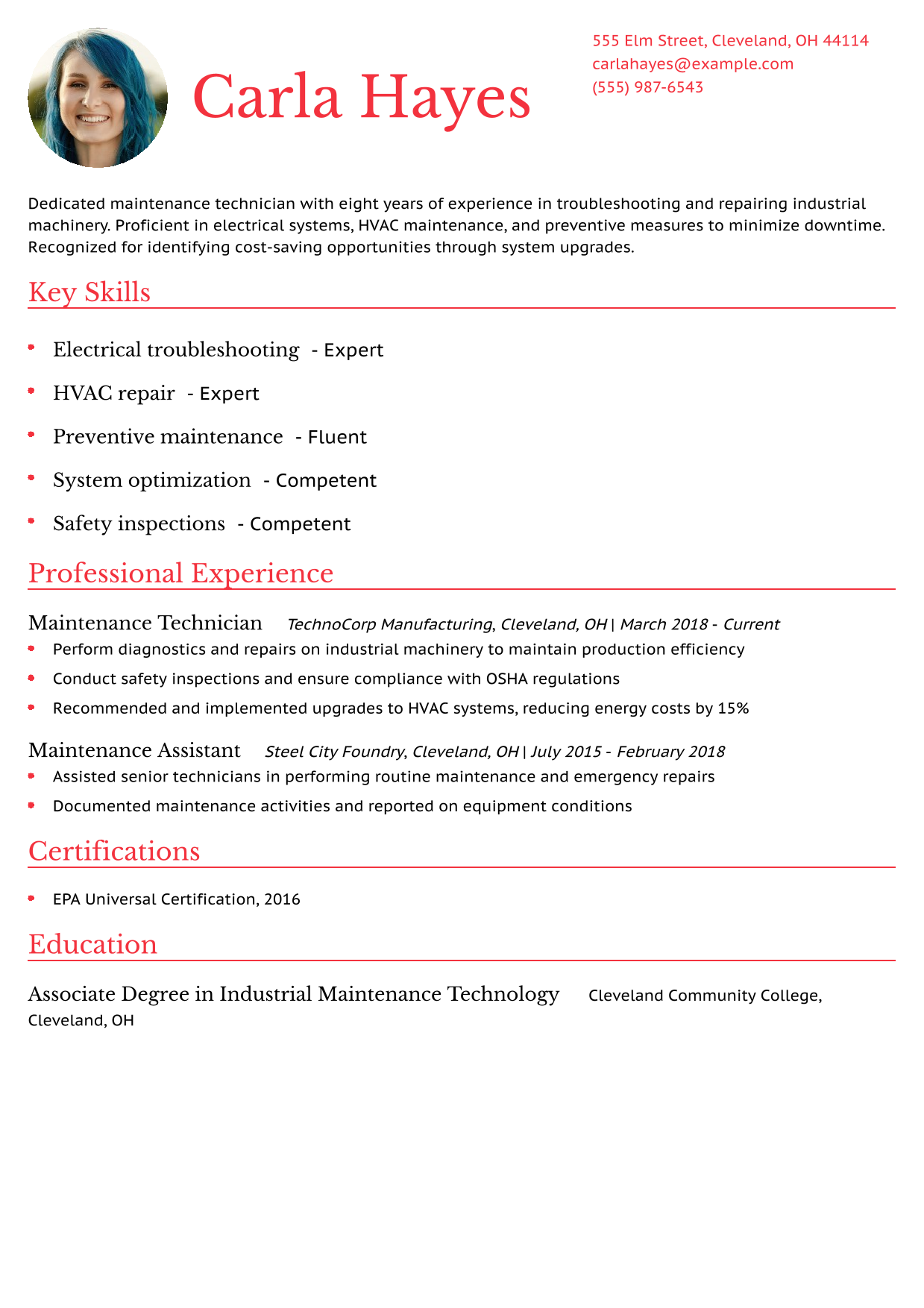 Maintenance Technician Resume Example