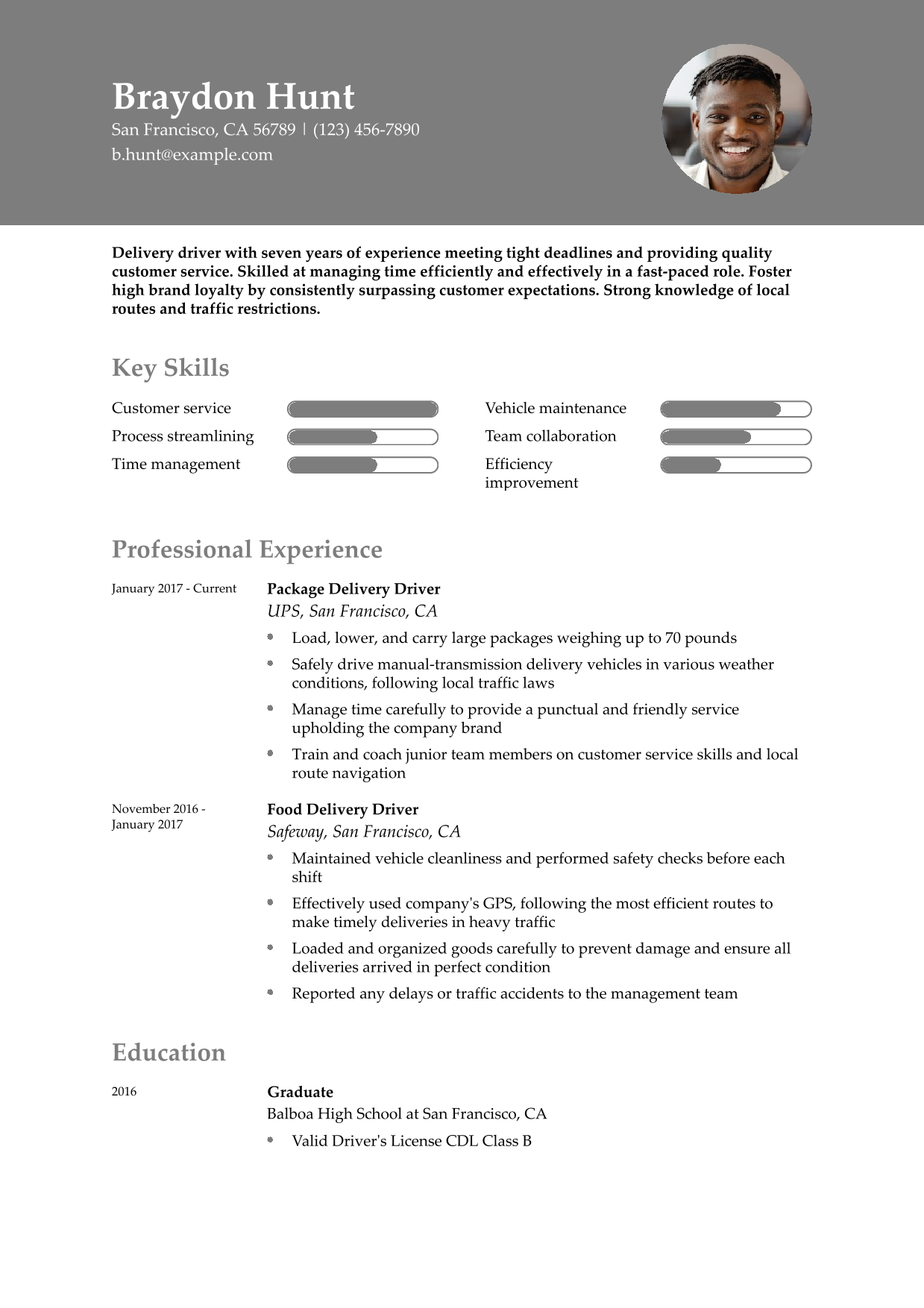 Mid-Career Delivery Driver Resume Example