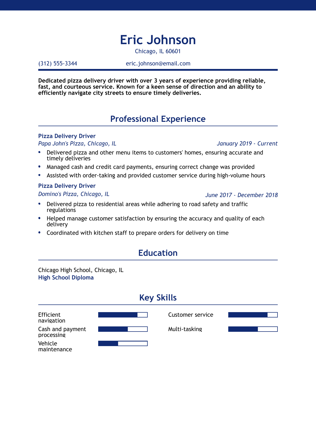Pizza Delivery Driver Resume Example
