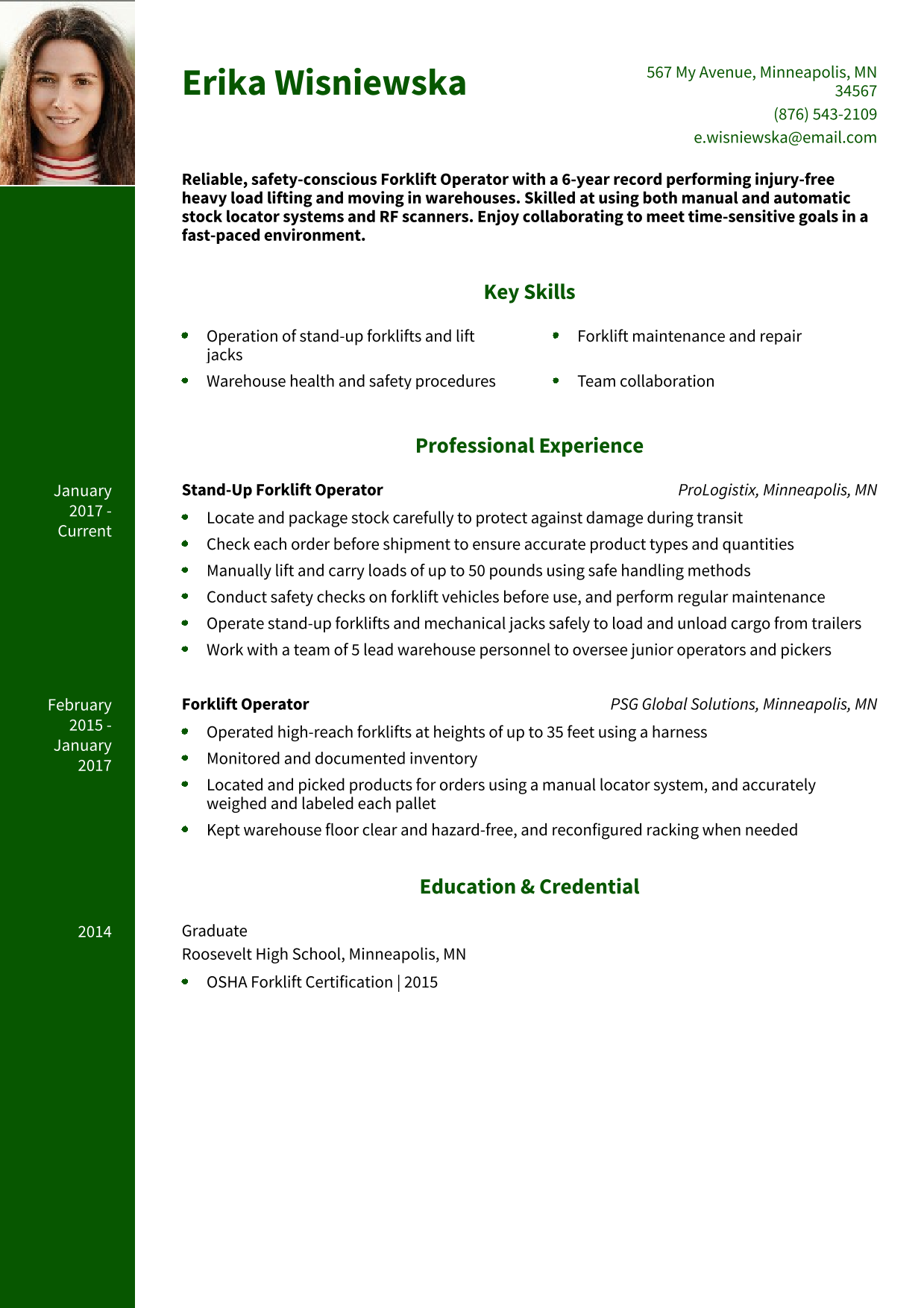Professional Forklift Operator Resume Example 1
