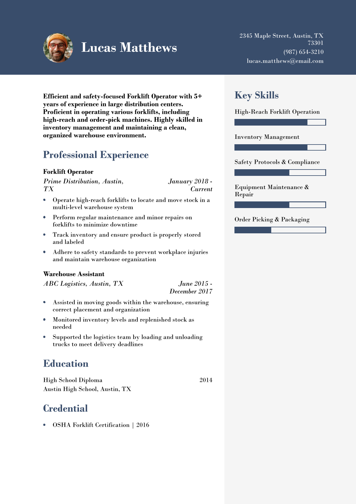 Professional Forklift Operator Resume Example 2