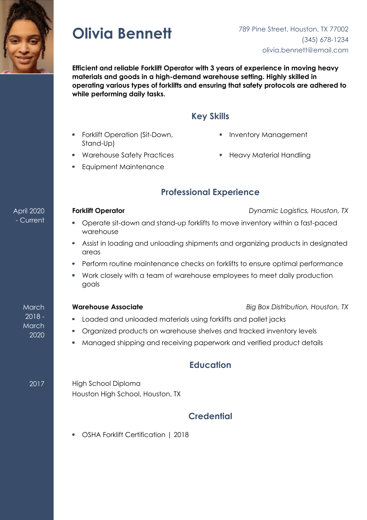 Professional Forklift Operator Resume Example 3