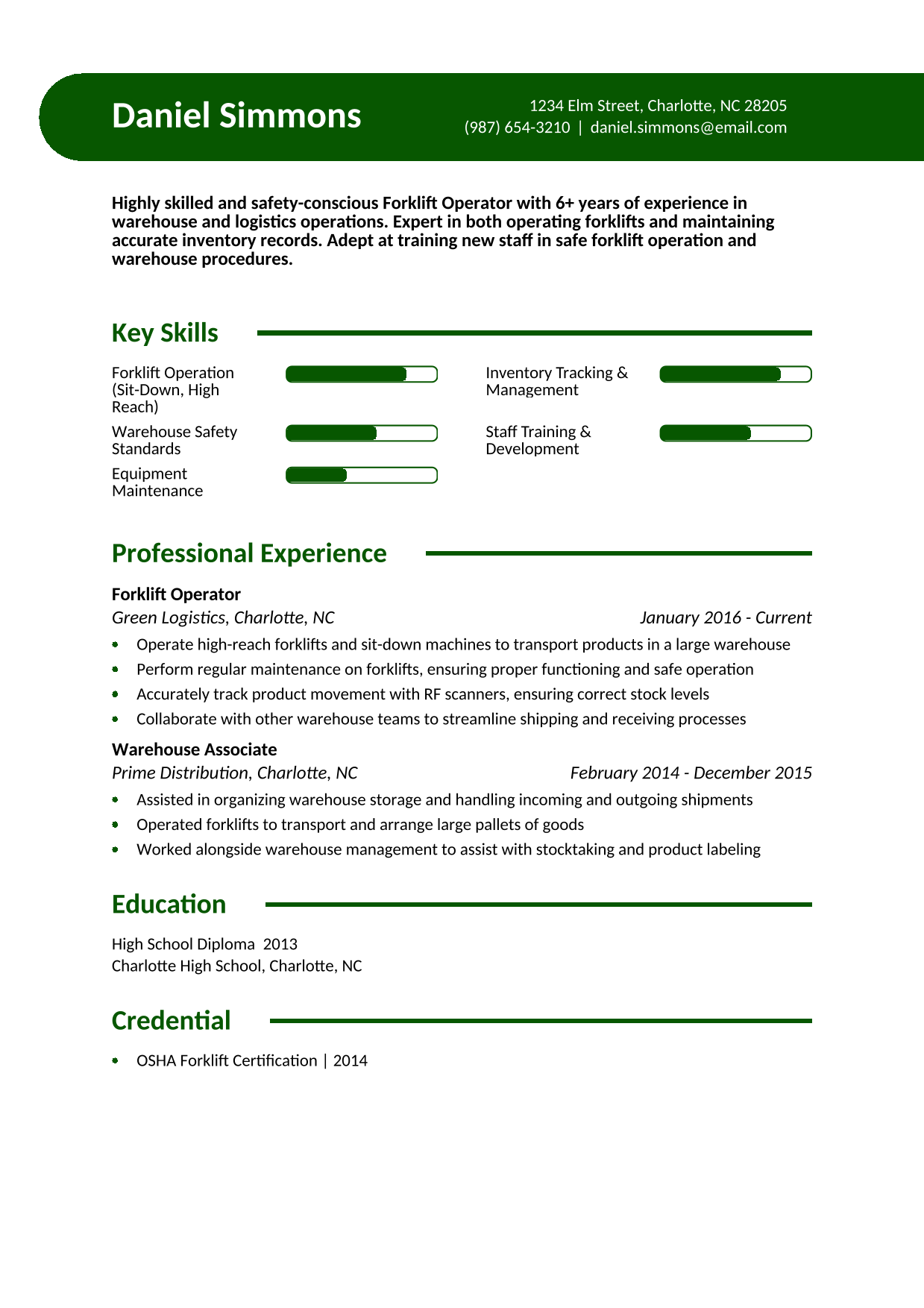 Professional Forklift Operator Resume Example 4