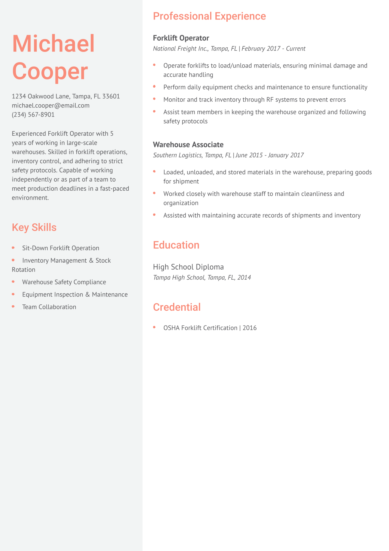 Professional Forklift Operator Resume Example 5