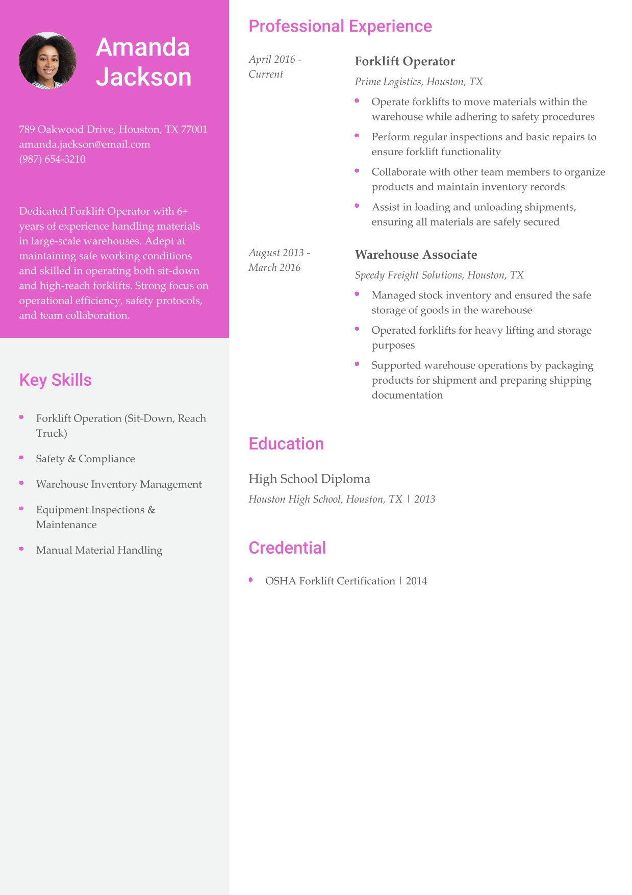 Professional Forklift Operator Resume Example 6
