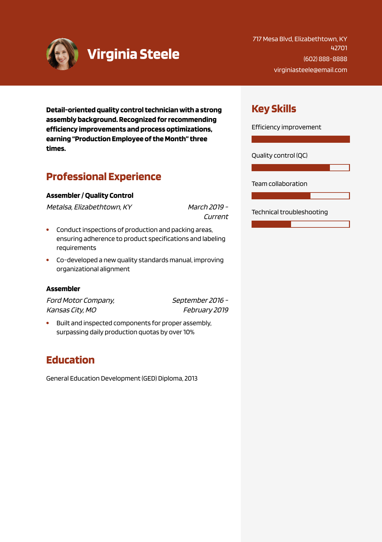 Quality Control Technician Resume Example