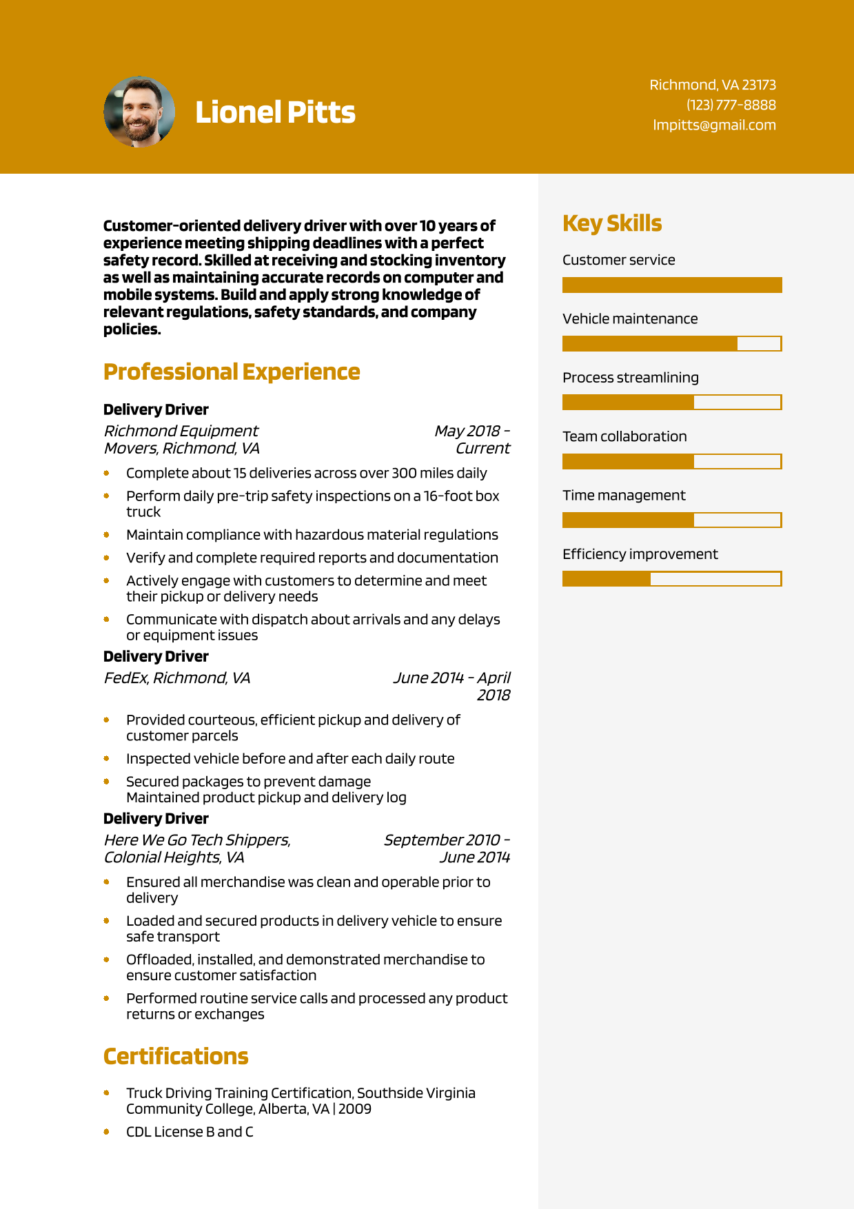 Senior-Level Delivery Driver Resume Example