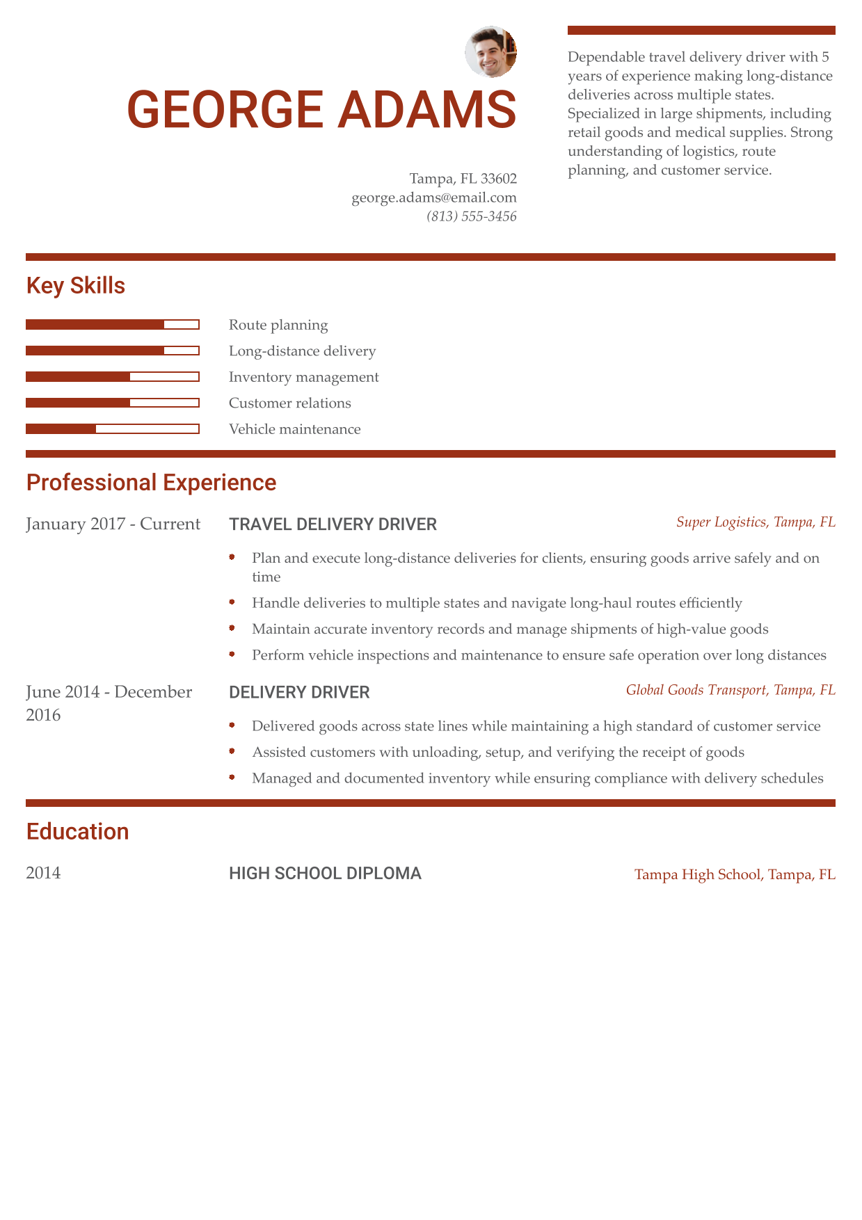 Travel Delivery Driver Resume Example