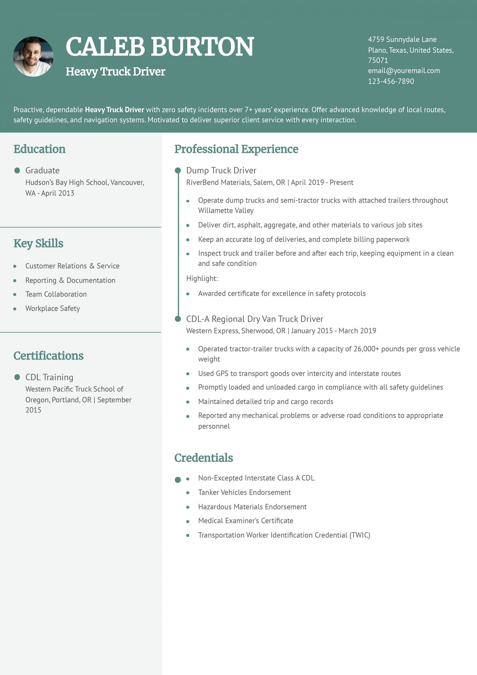 Truck Driver Resume Example
