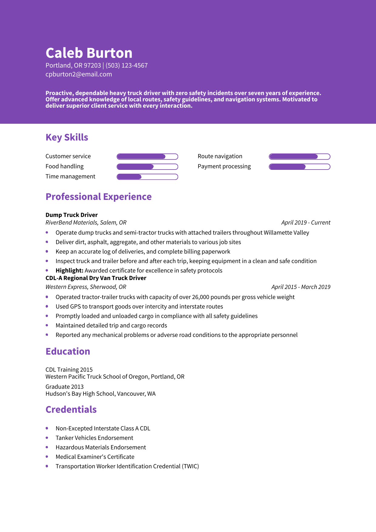 Truck Driver Resume Example