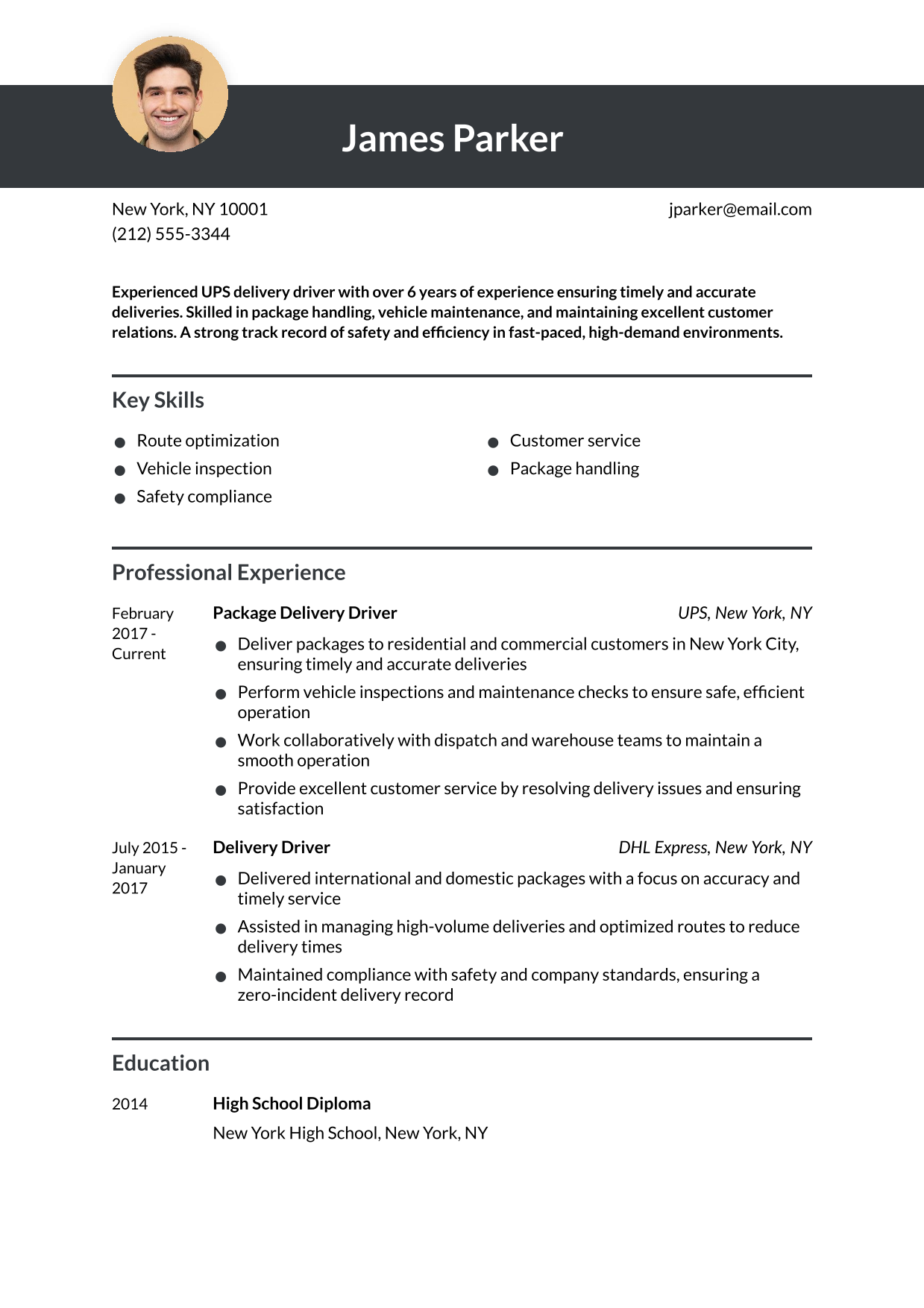 UPS Driver Resume Example