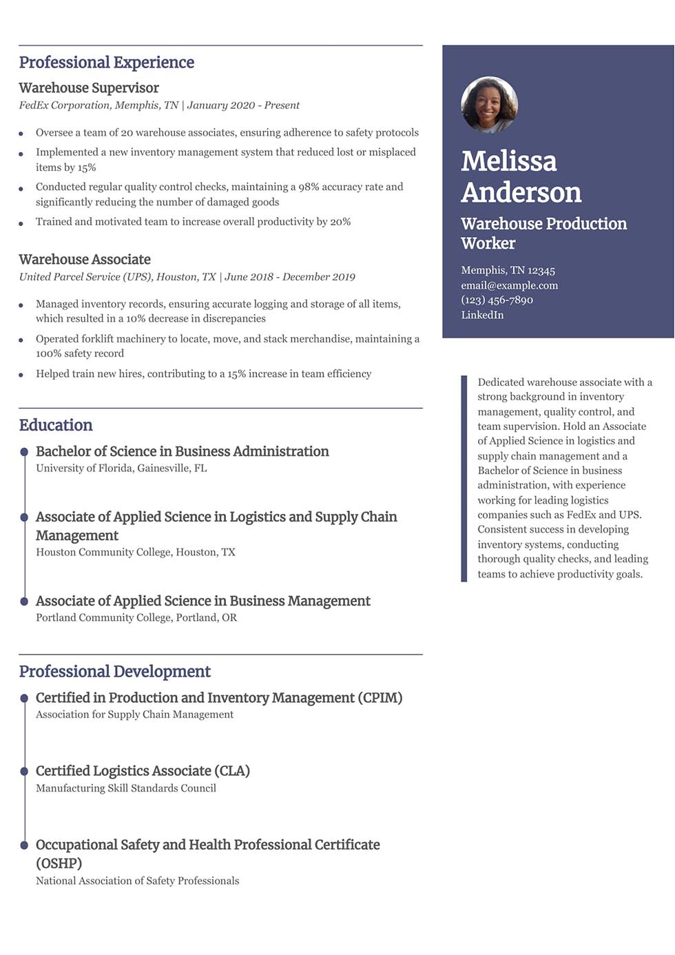 Warehouse Associate Worker Resume Example