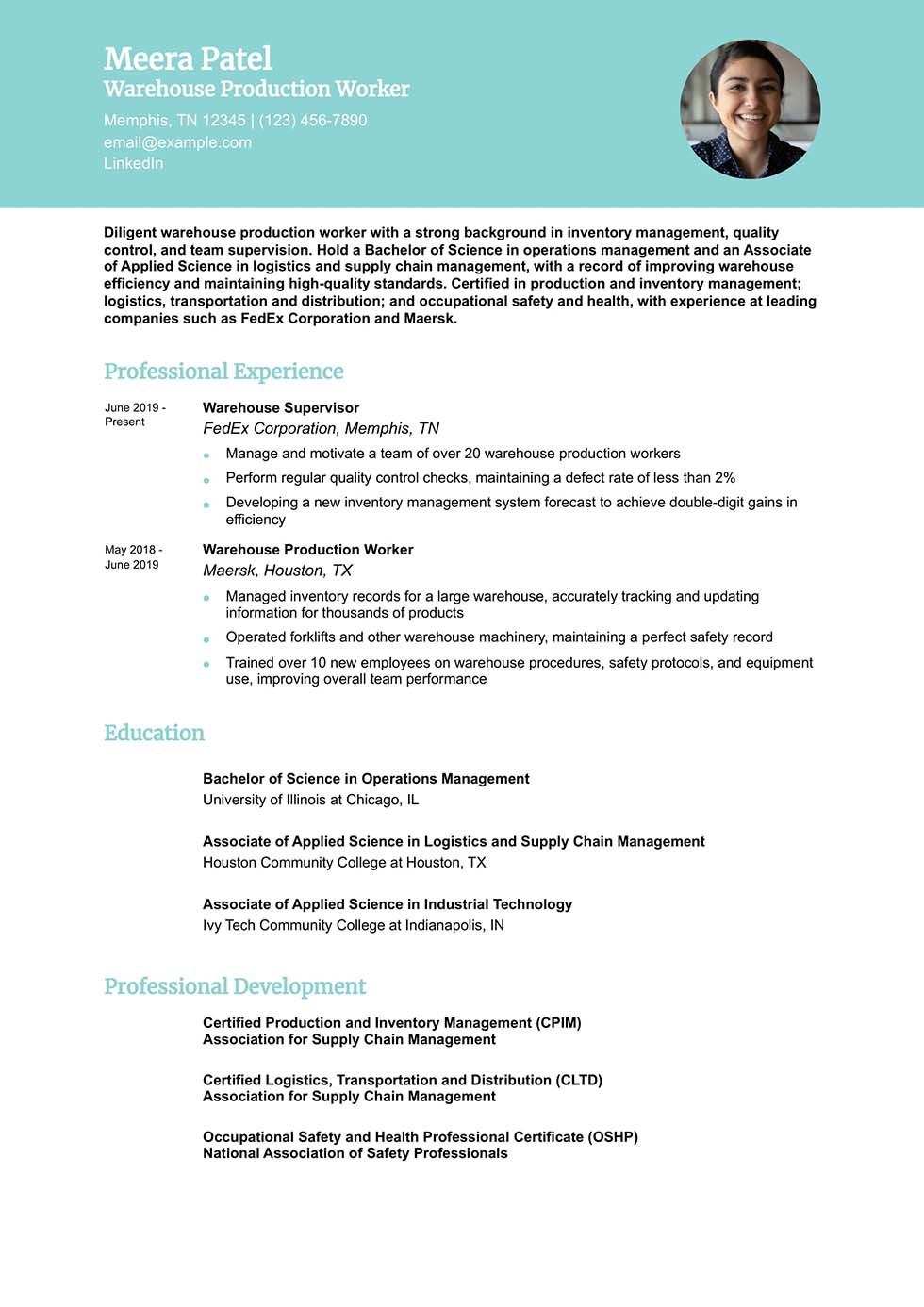 Warehouse Production Worker Resume Example