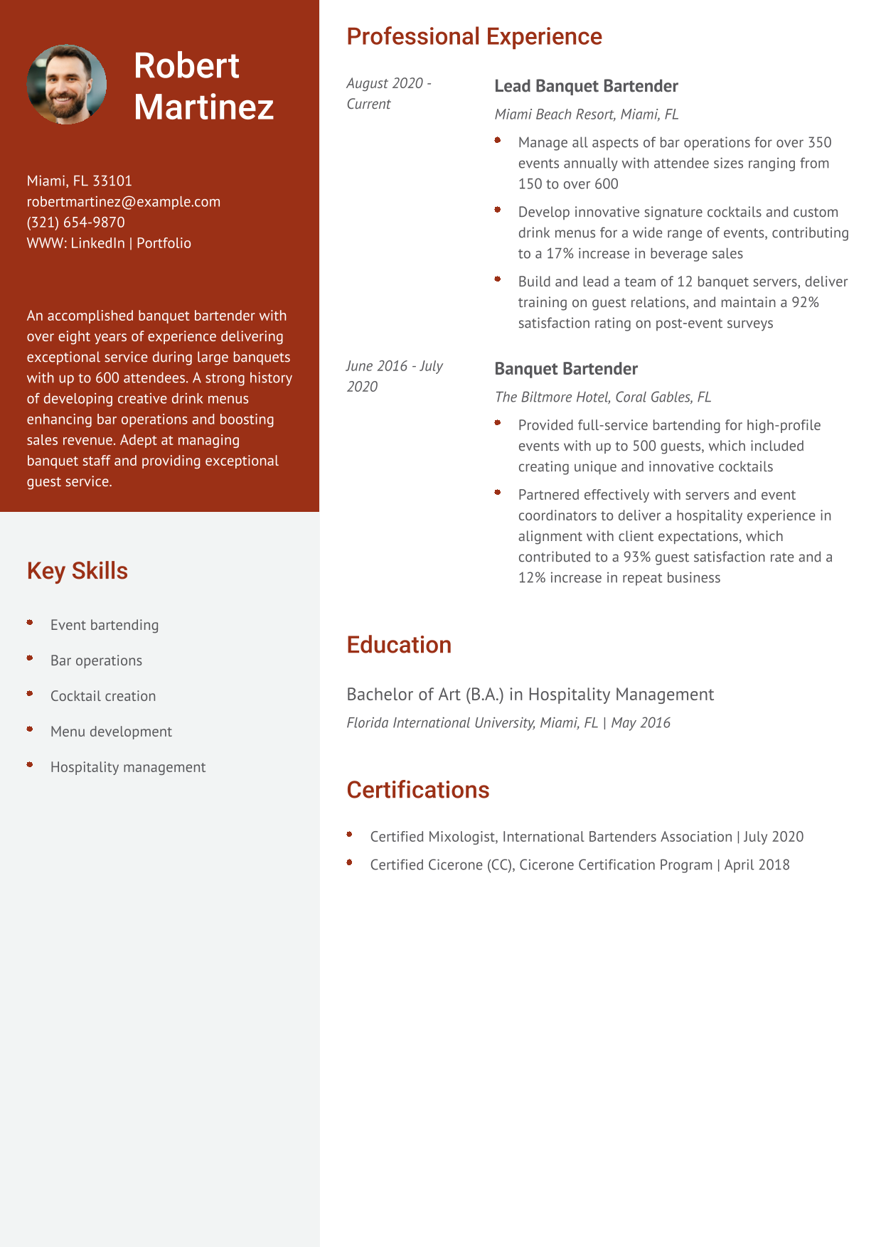 Banquet Bartender Resume Example