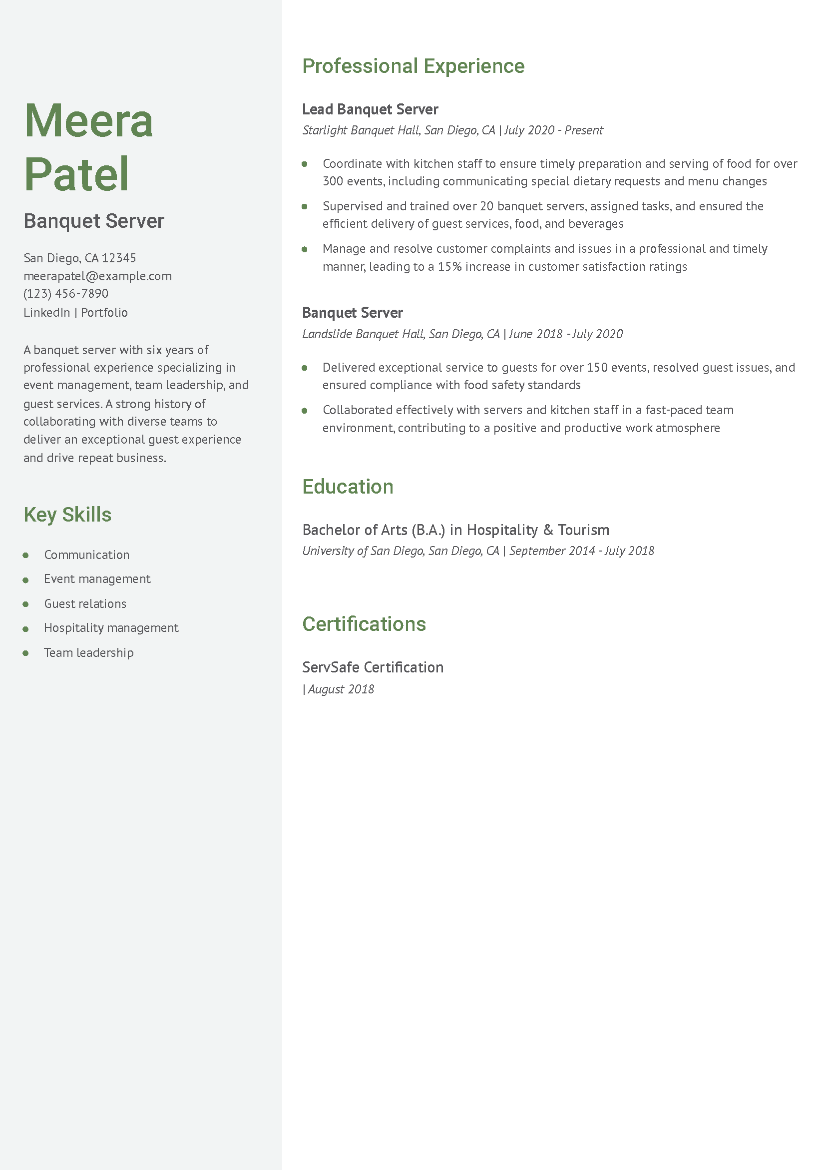 Banquet Server Resume Example
