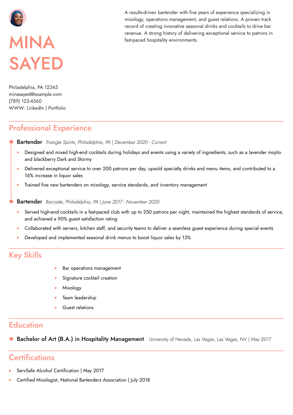 Bartender Resume Example